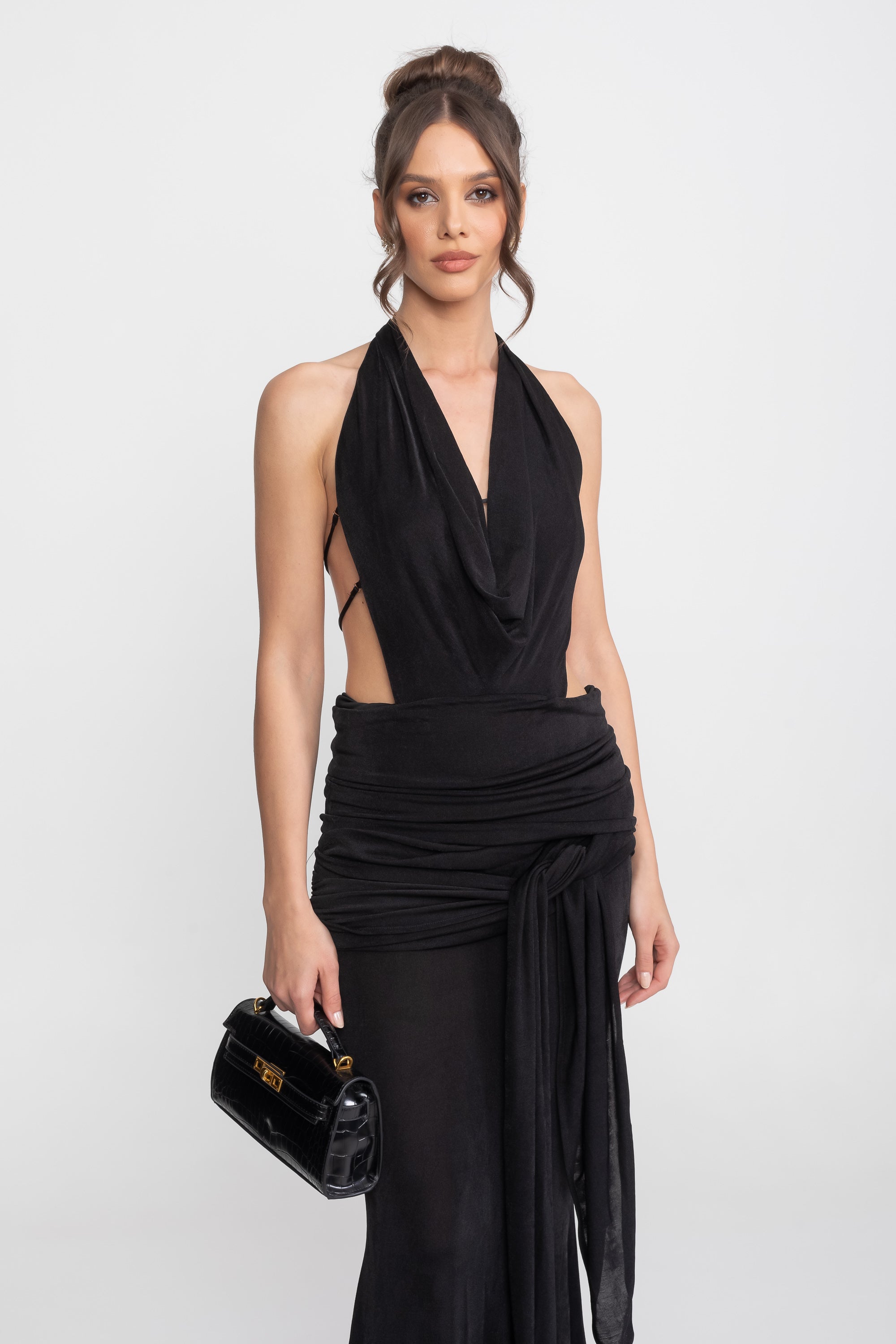 Draped Halter Gown With Ruched Side Tie Detail - Black