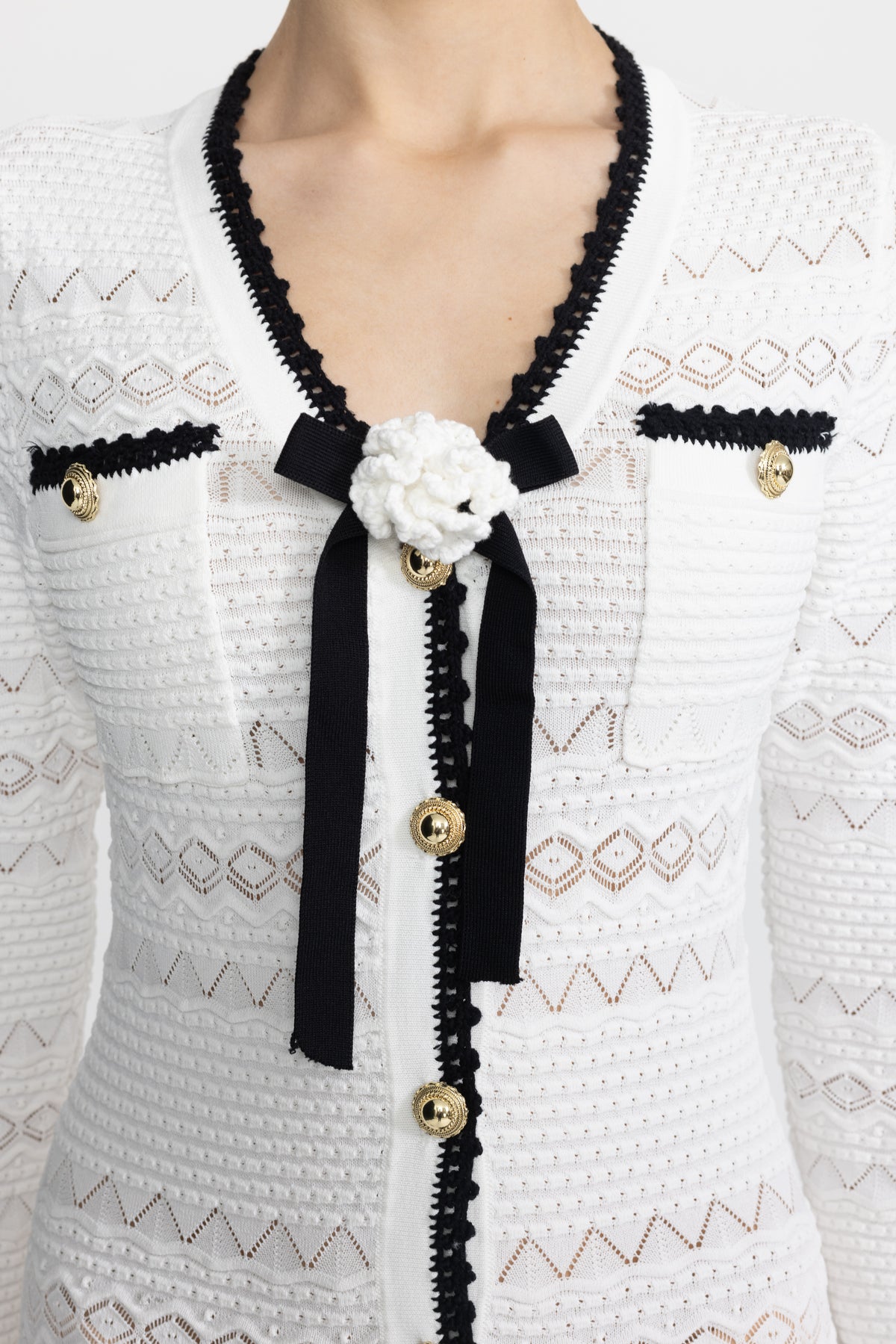 Crochet Trim Knit Button Midi Dress with Flower Brooch - White