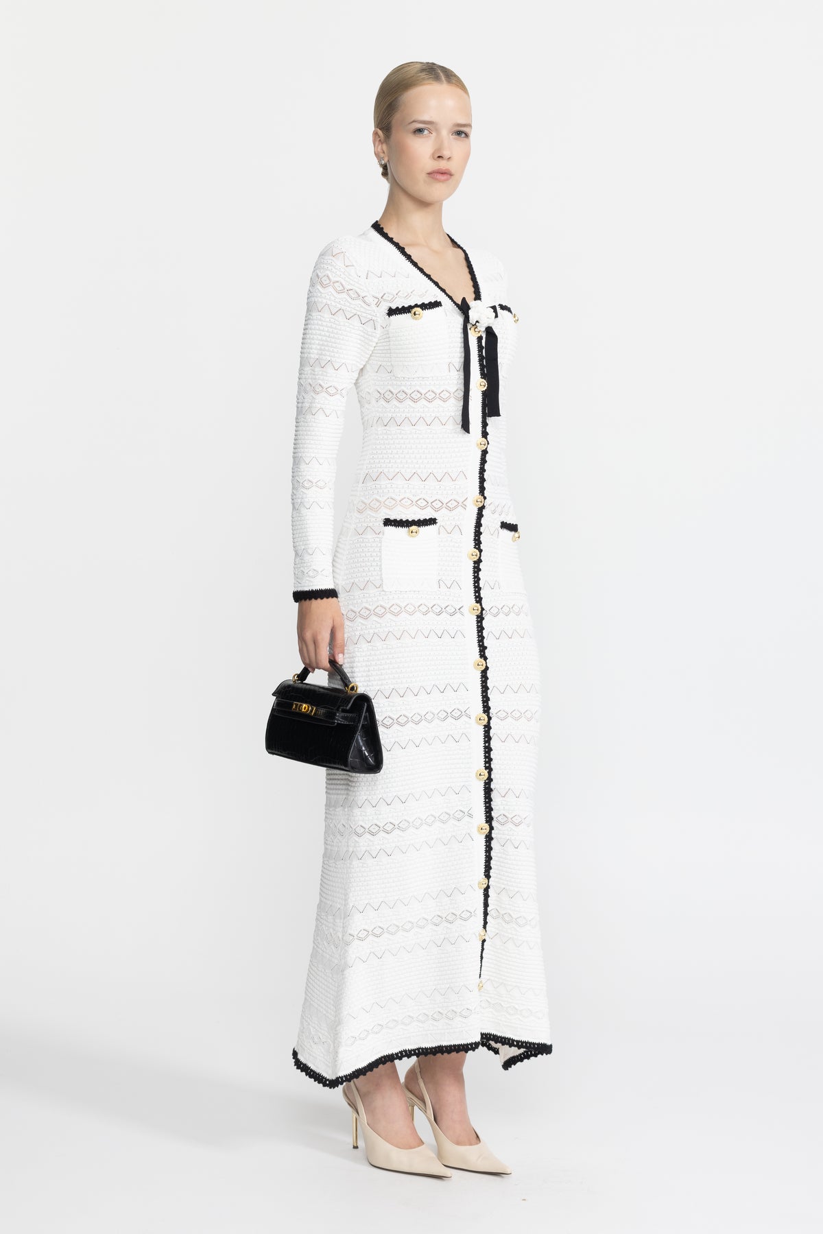 Crochet Trim Knit Button Midi Dress with Flower Brooch - White