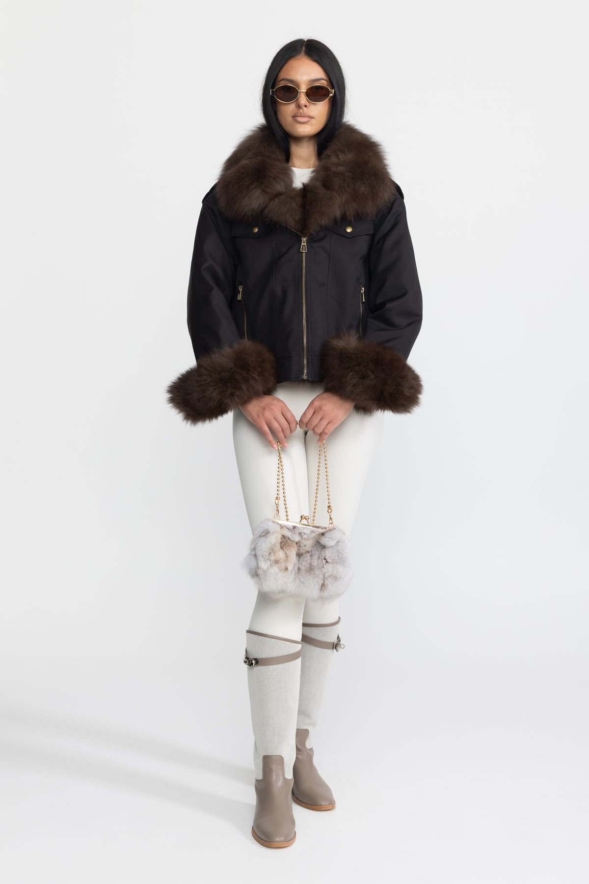Fox Fur Collar and Cuff Down Utility Jacket - Black