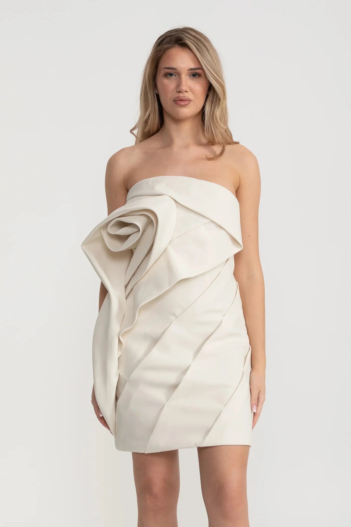 Fitted Mini Dress With Intricate Folds And Swirls - Beige