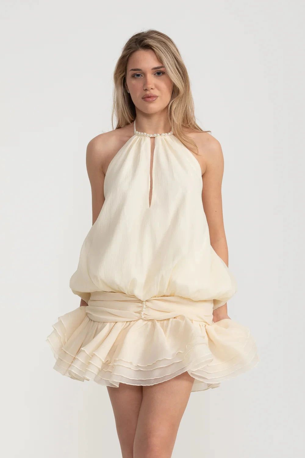 Mini Halter Dress With Oversized Billowy Silhouette And Layered Ruffled Skirt - Ivoire