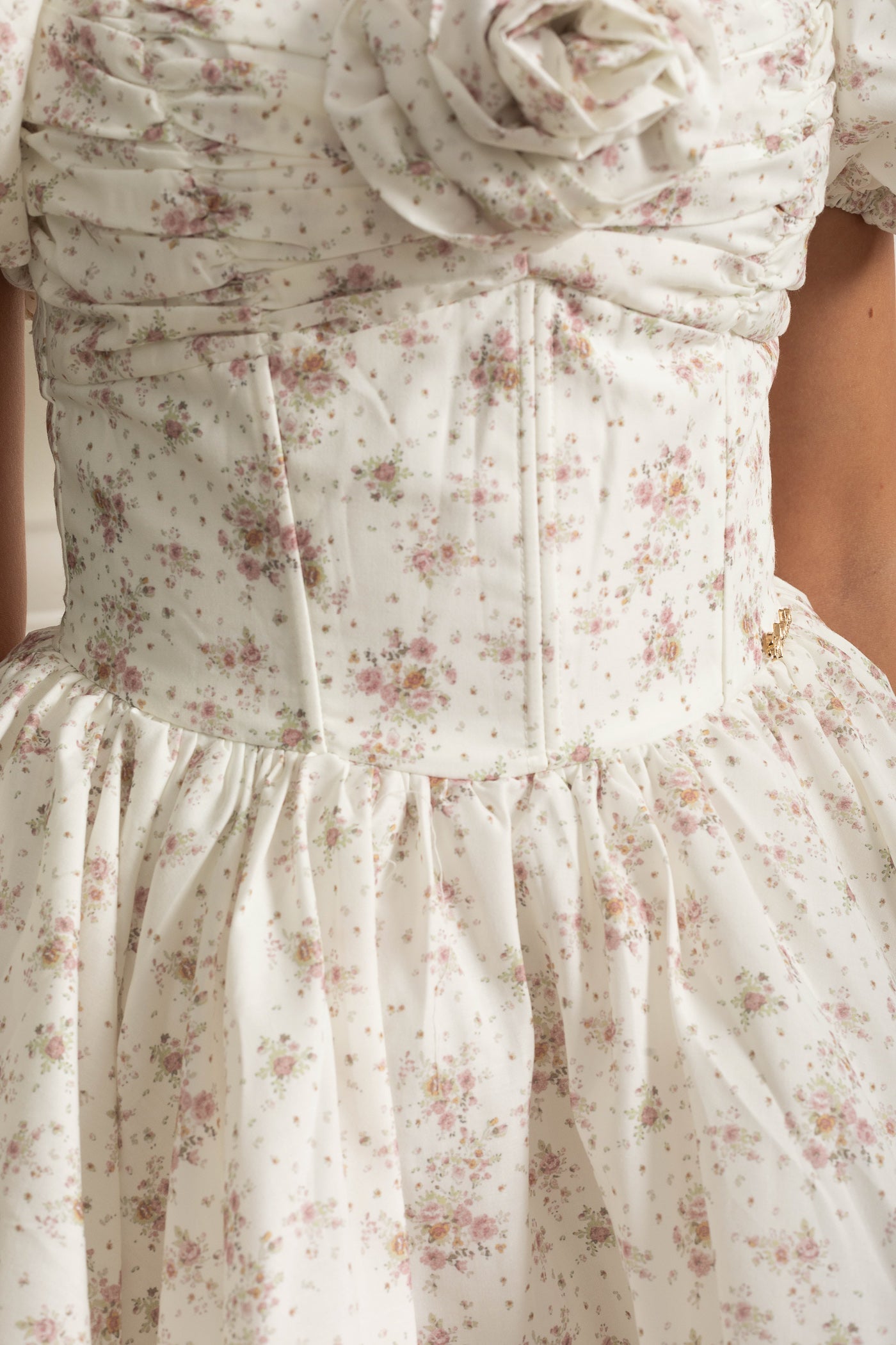 Floral Mini Dress With Puff Sleeves And 3D Rose Detail - White/Pink