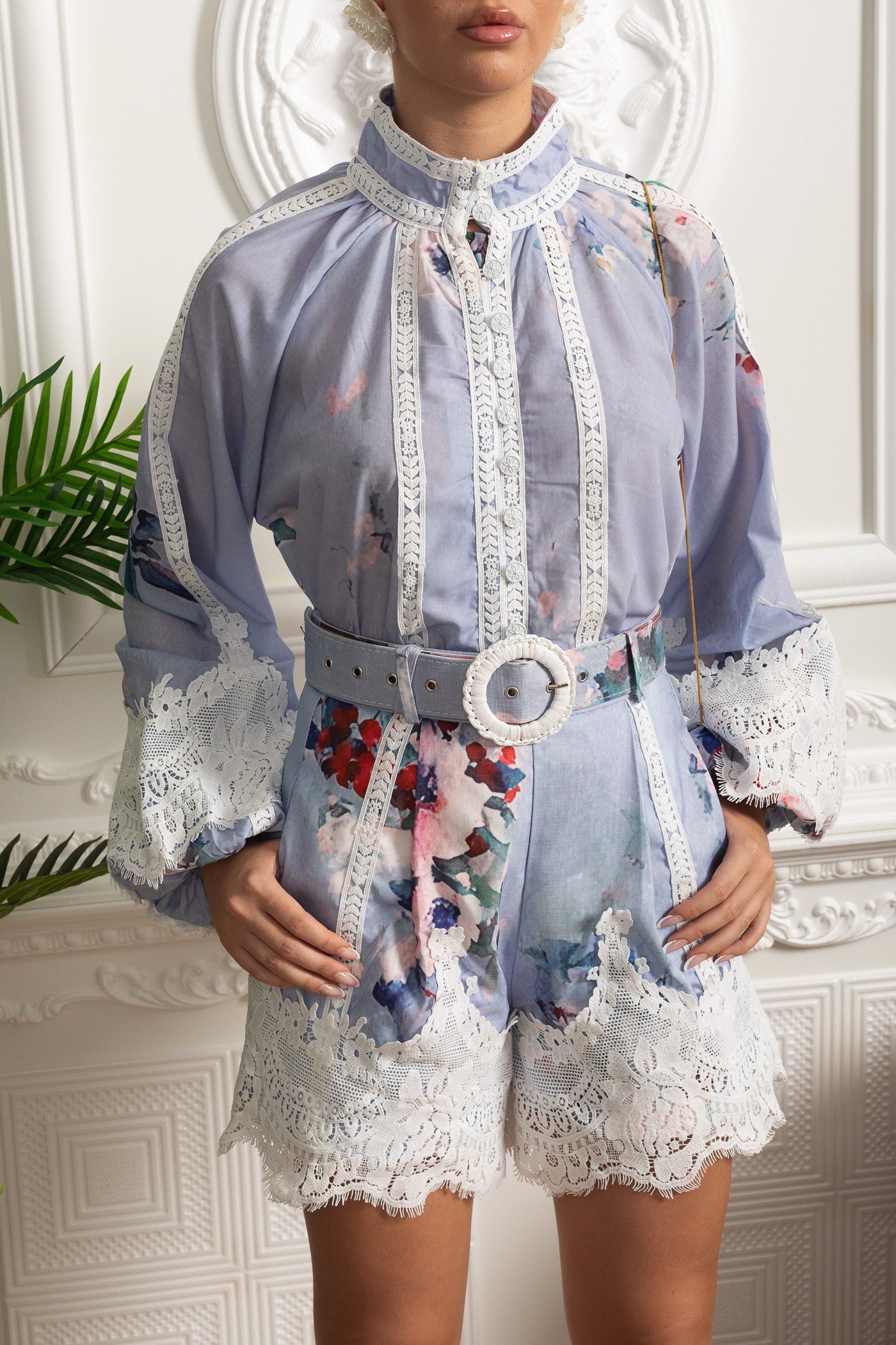 Floral Co-Ord with Lace Insets and Statement Belt - Powder Blue