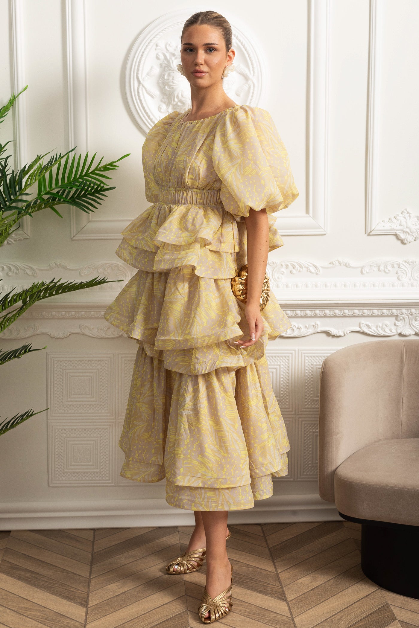 Puff Sleeve Tiered Ruffle Midi Dress - Yellow