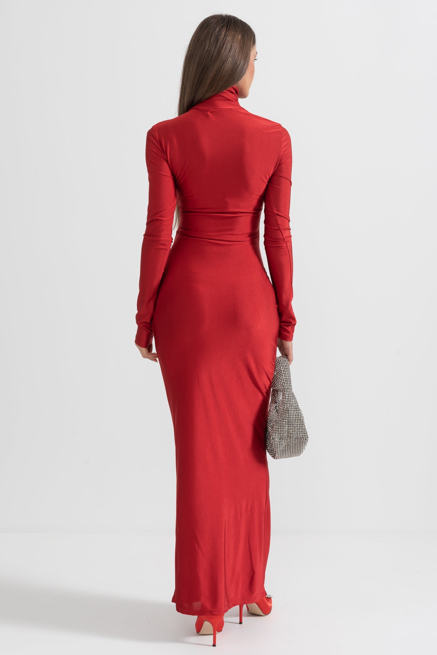 Abito lungo drappeggiato con collo alto - Rosso