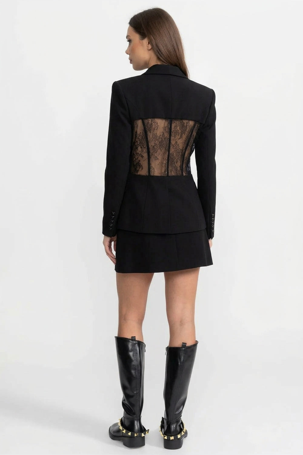 Blazer su misura a manica lunga con pannelli in pizzo trasparente in vita - Nero