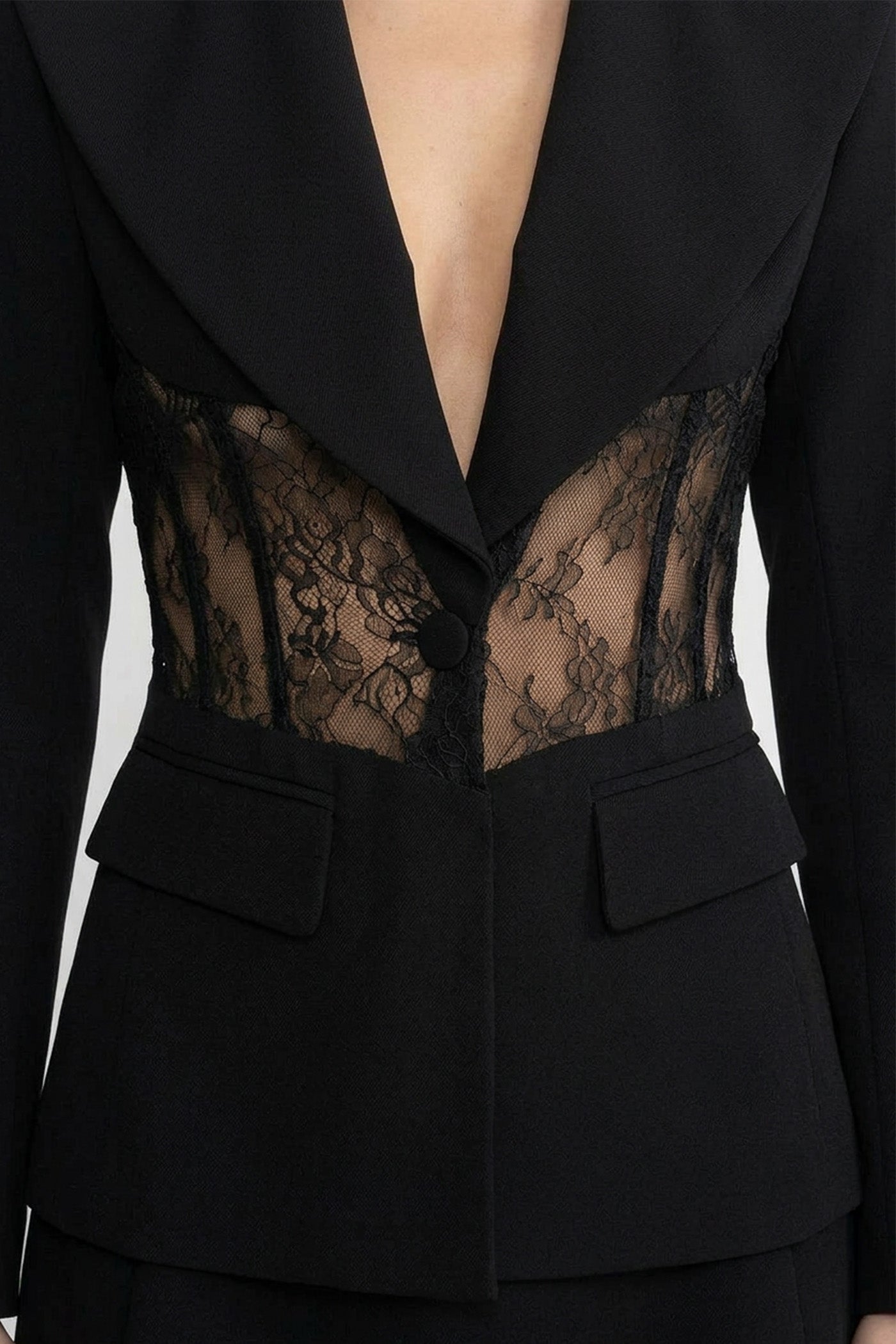 Blazer su misura a manica lunga con pannelli in pizzo trasparente in vita - Nero