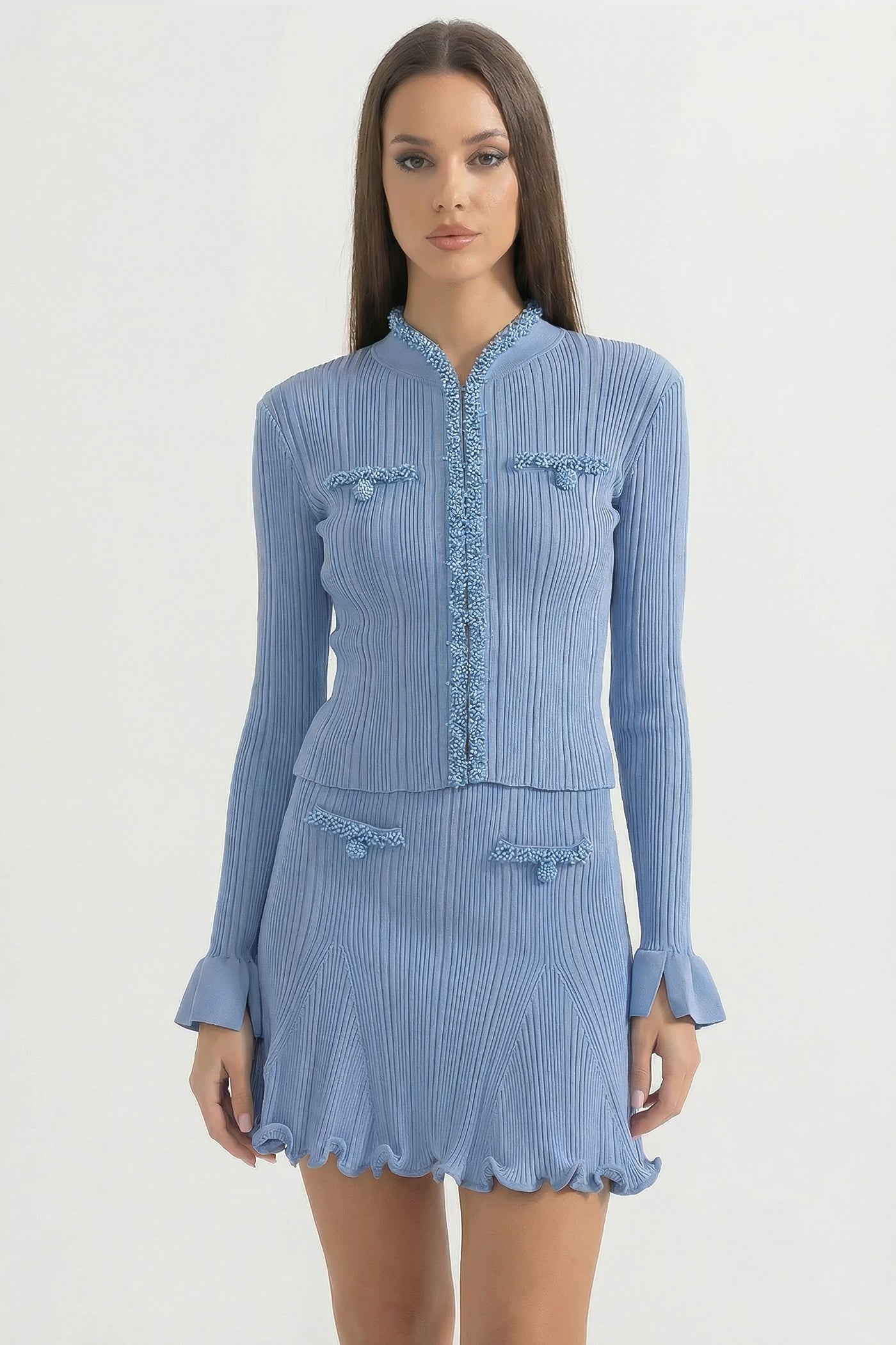 Ribbed Long Sleeve Set With Beaded Embellishments - Blue