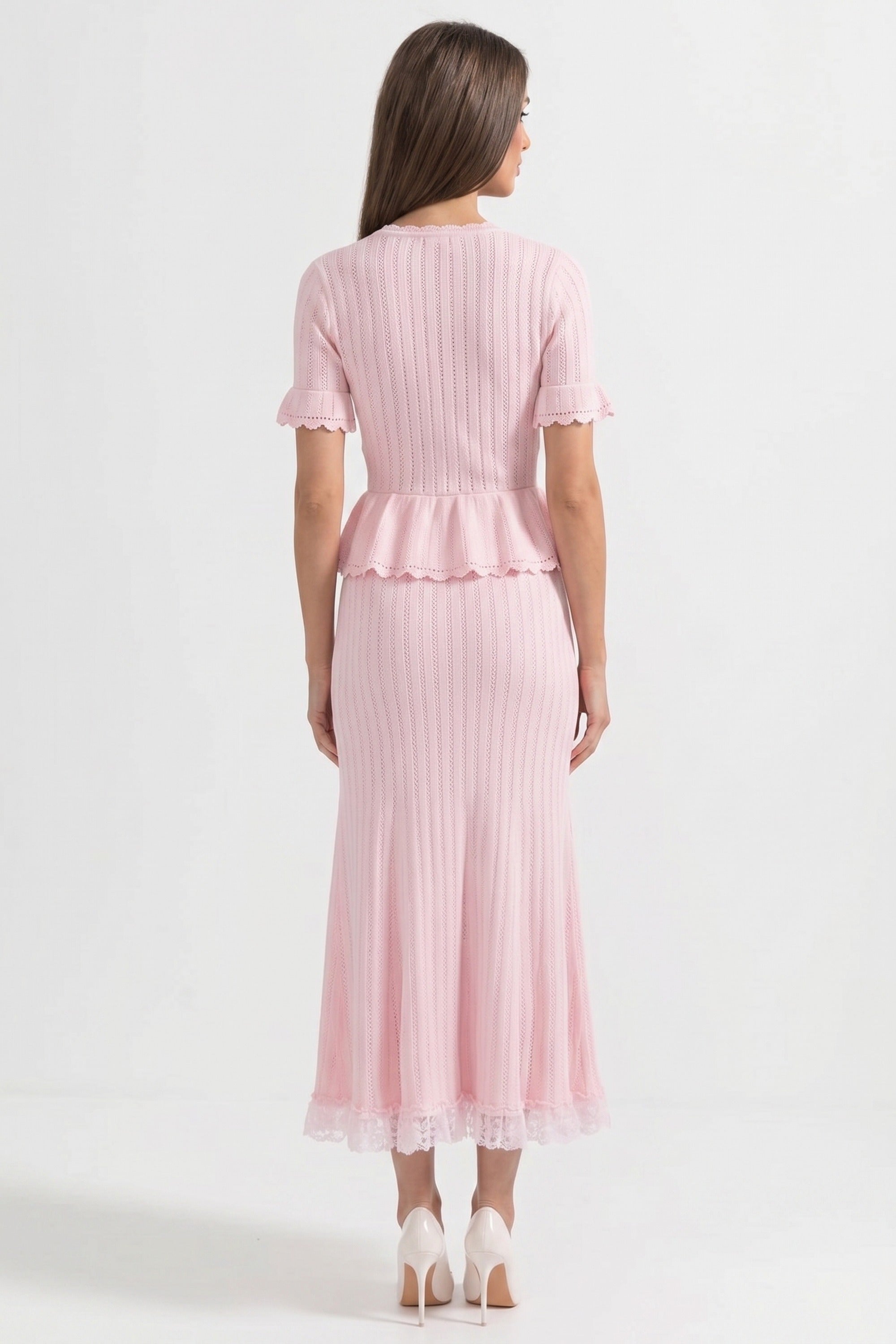Abito Maxi Knit Peplum con Collo Peter Pan e Orlo in Pizzo - Rosa