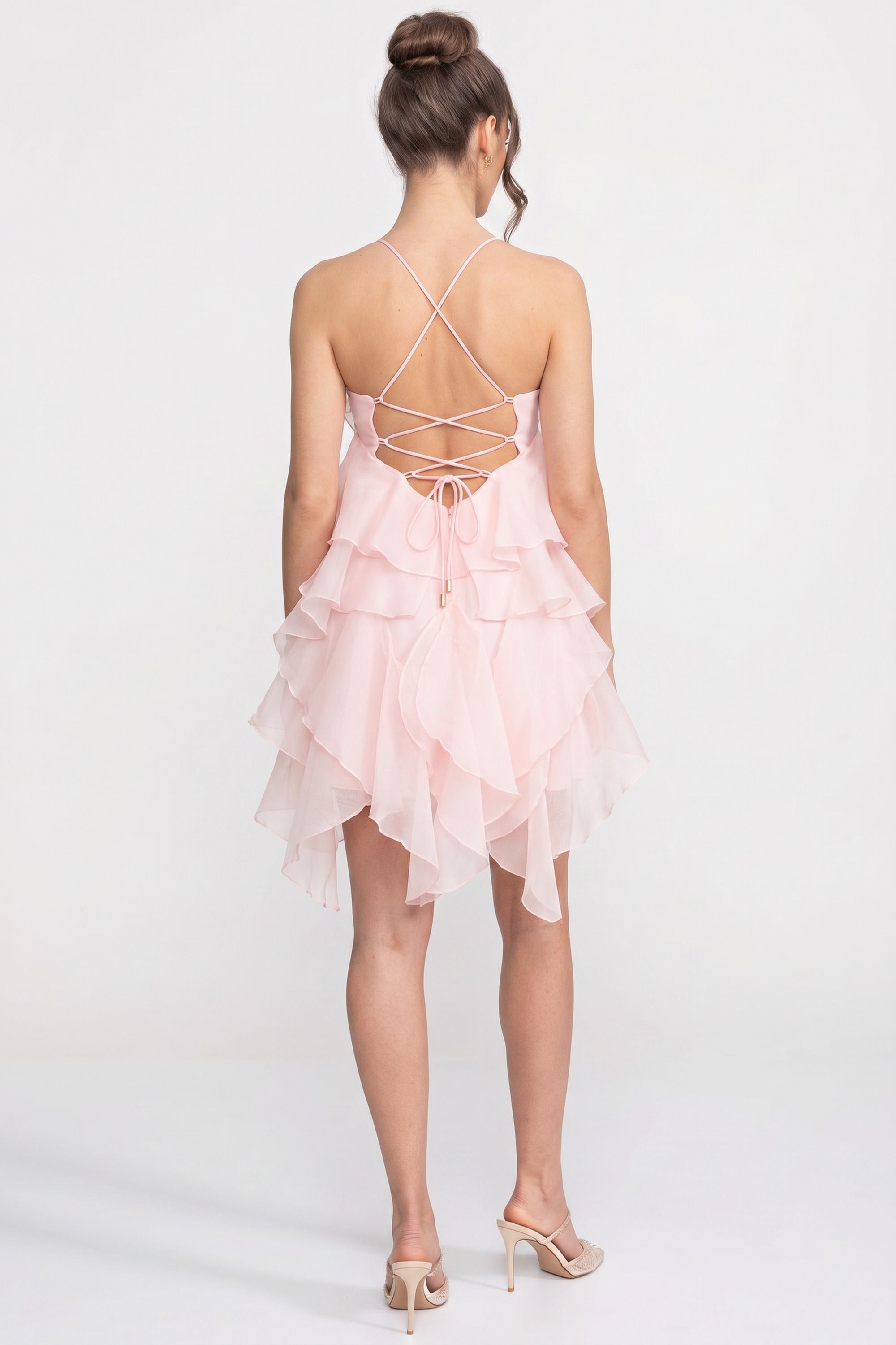 Abito Mini con Volant a Strati e Collo Allacciato con Fiori 3D - Rosa