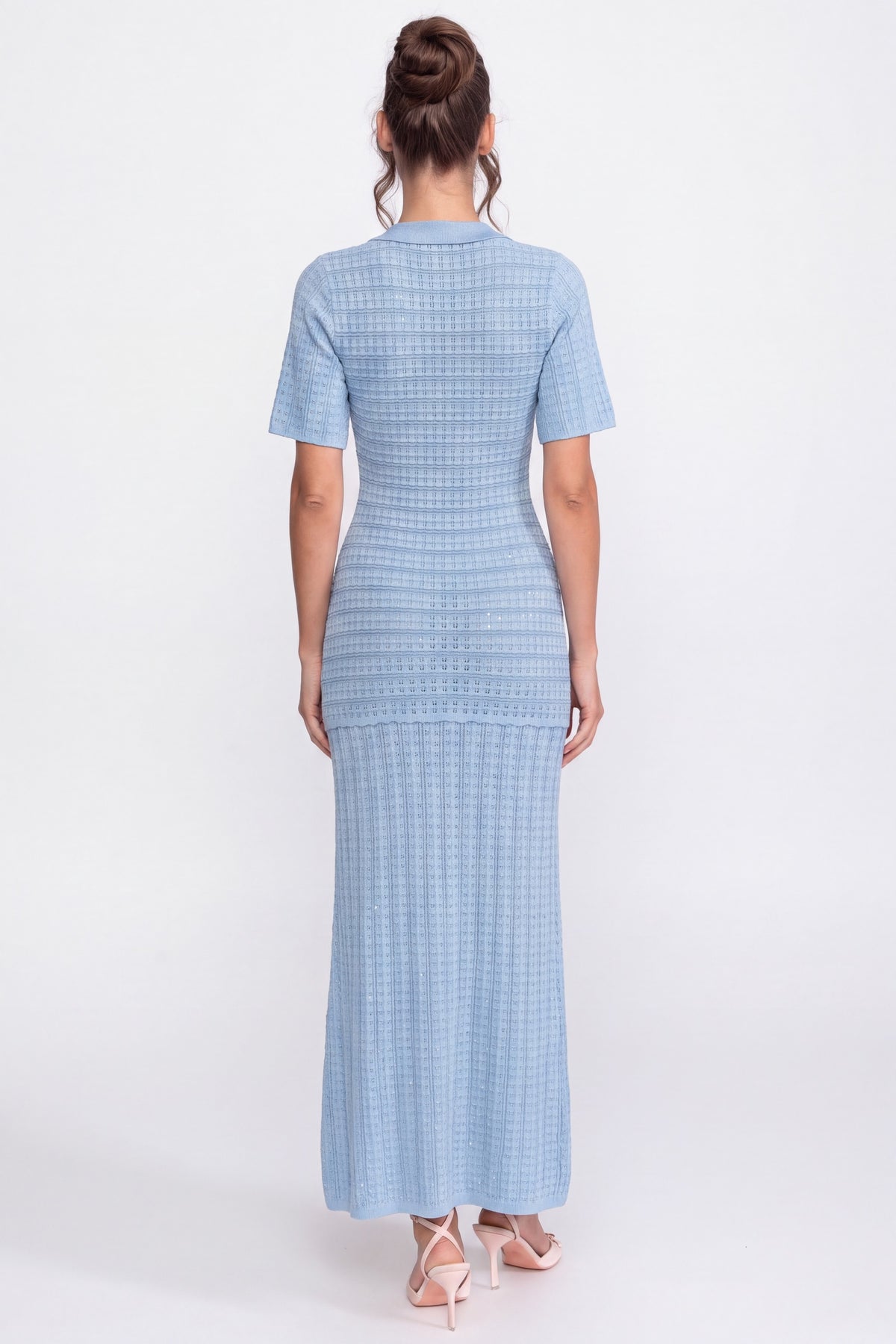 Abito Midi a Maniche Corte con Texture in Maglia Lucida - Light Blue