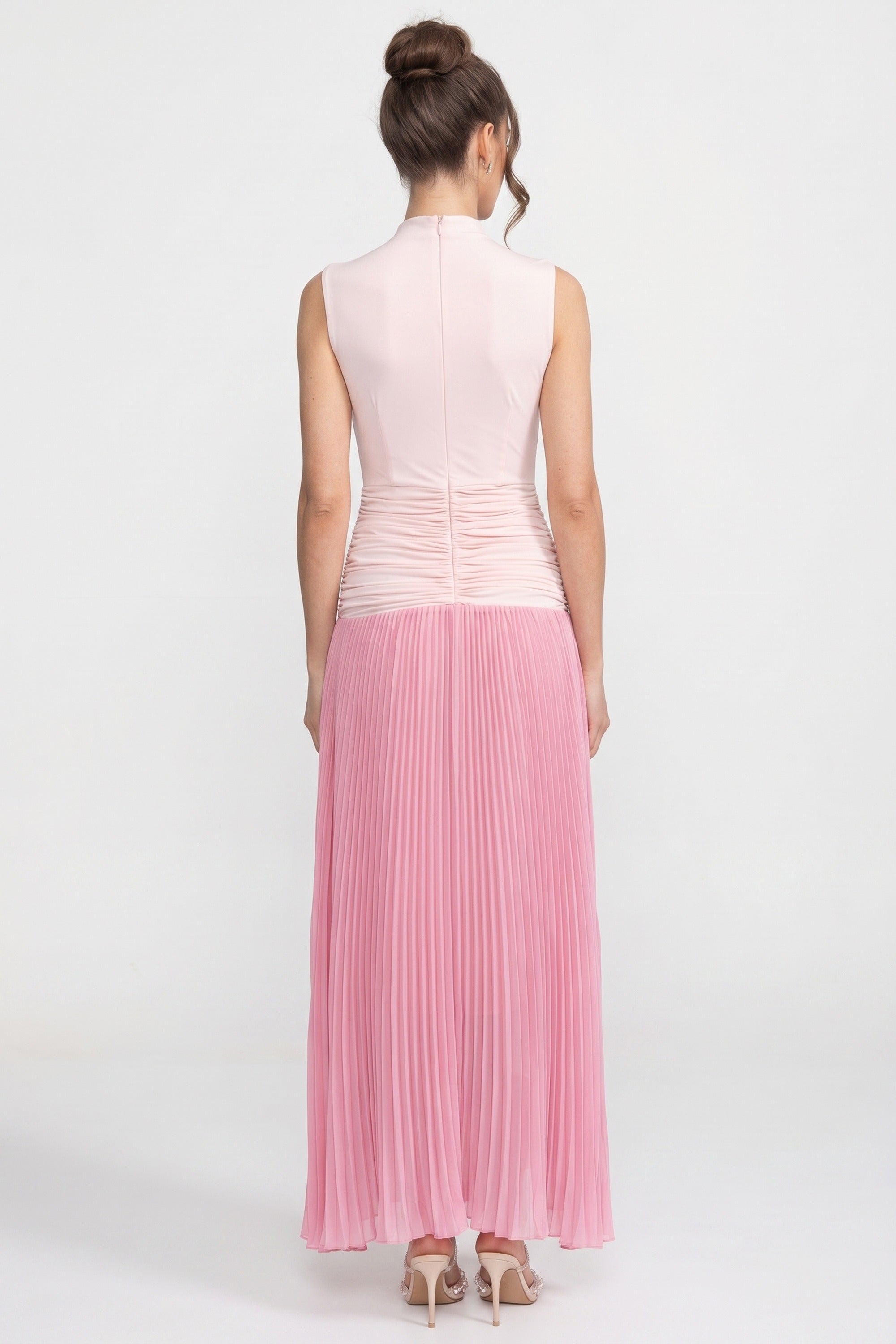 Halter Neck Pleated Maxi Dress With Gathered Waist Detail - Pink