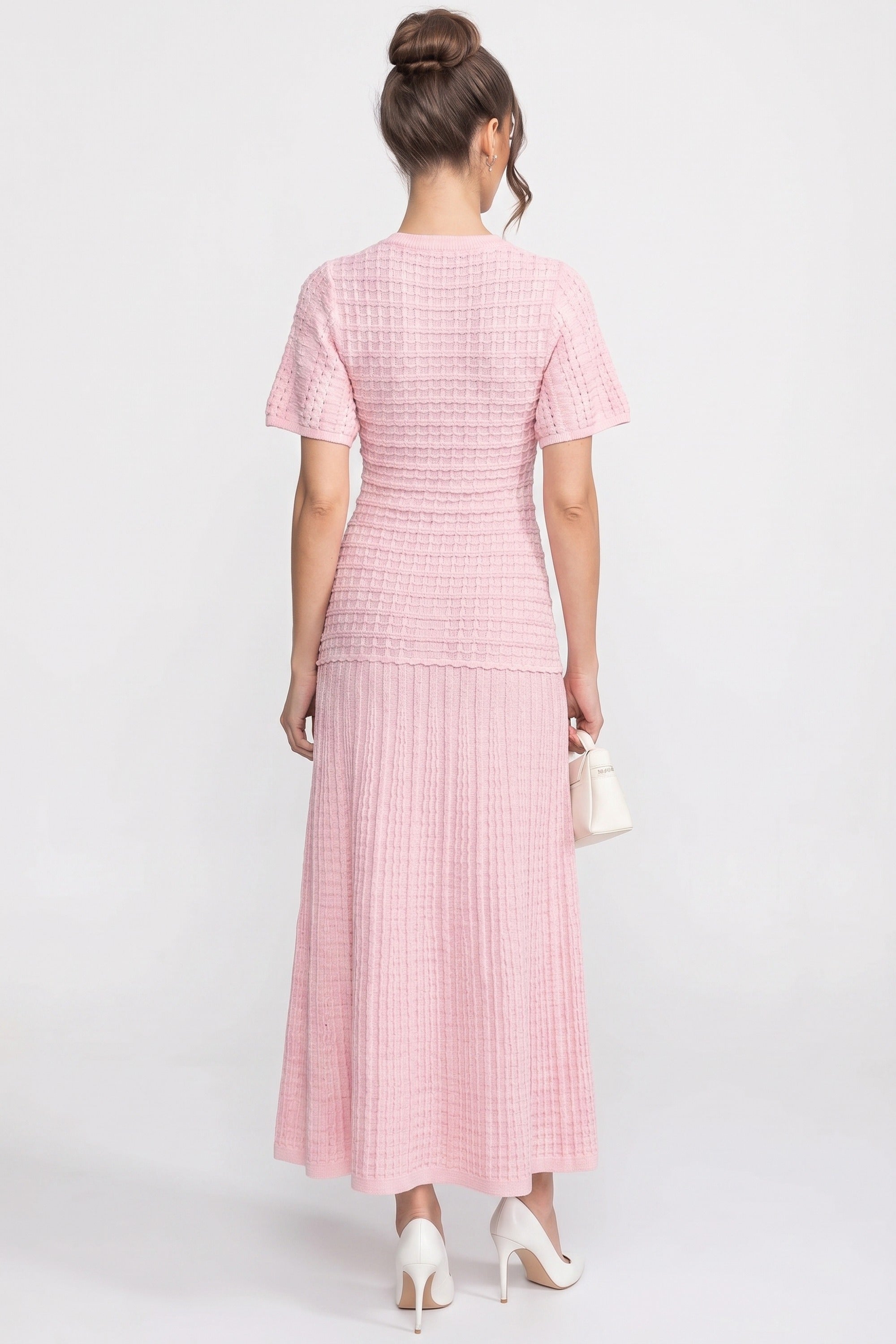 Short Sleeve Midi Dress With Shimmer Knit Texture - Pink
