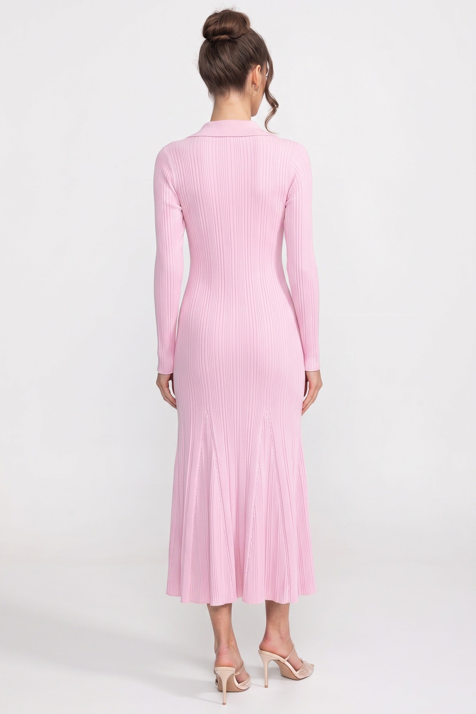 Long-Sleeve Button-Front Knit Maxi Dress With Patch Pockets - Pink