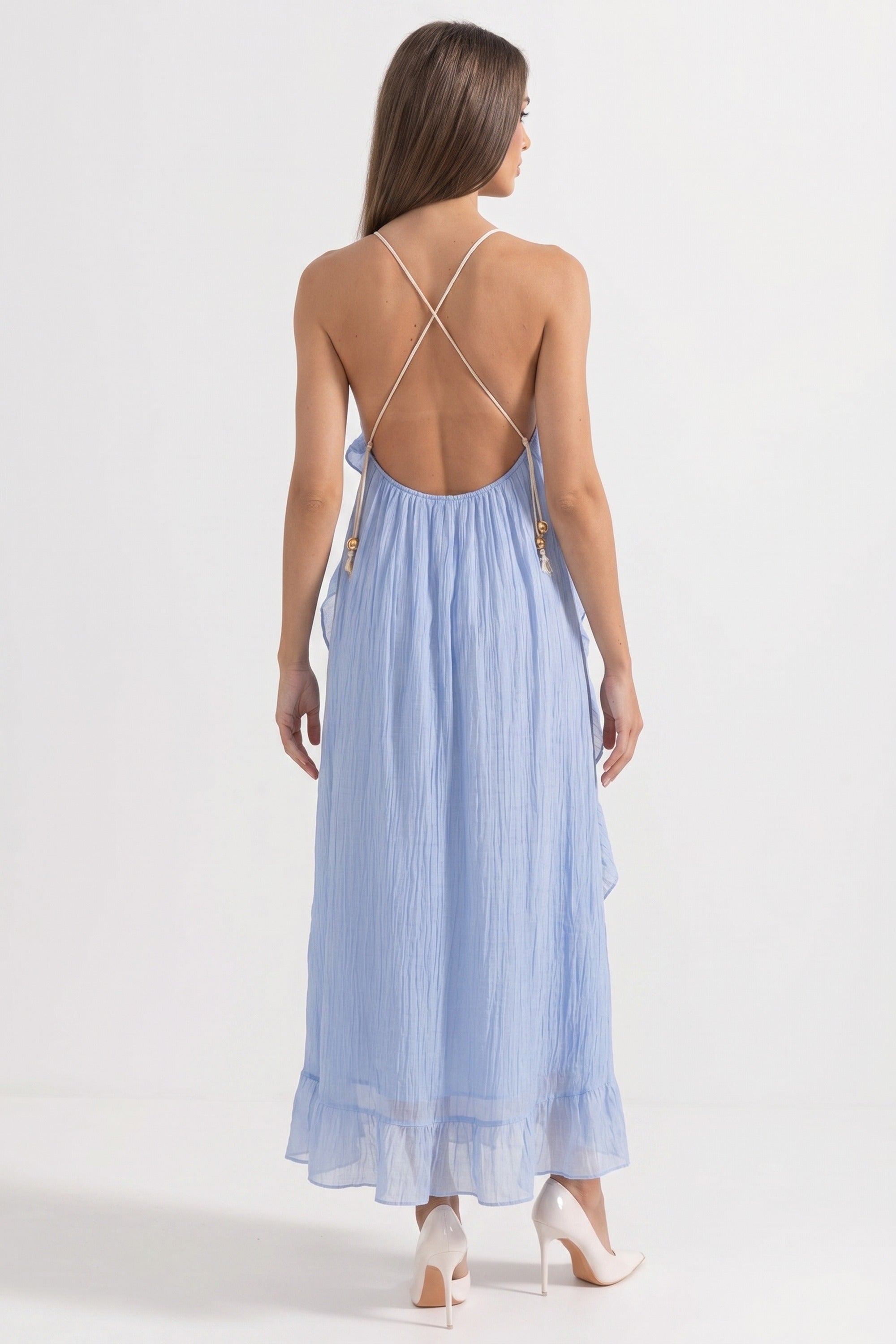 Abito Maxi con Scollo a V Profondo e Volant con Balze Asimmetriche Cascanti - Blu