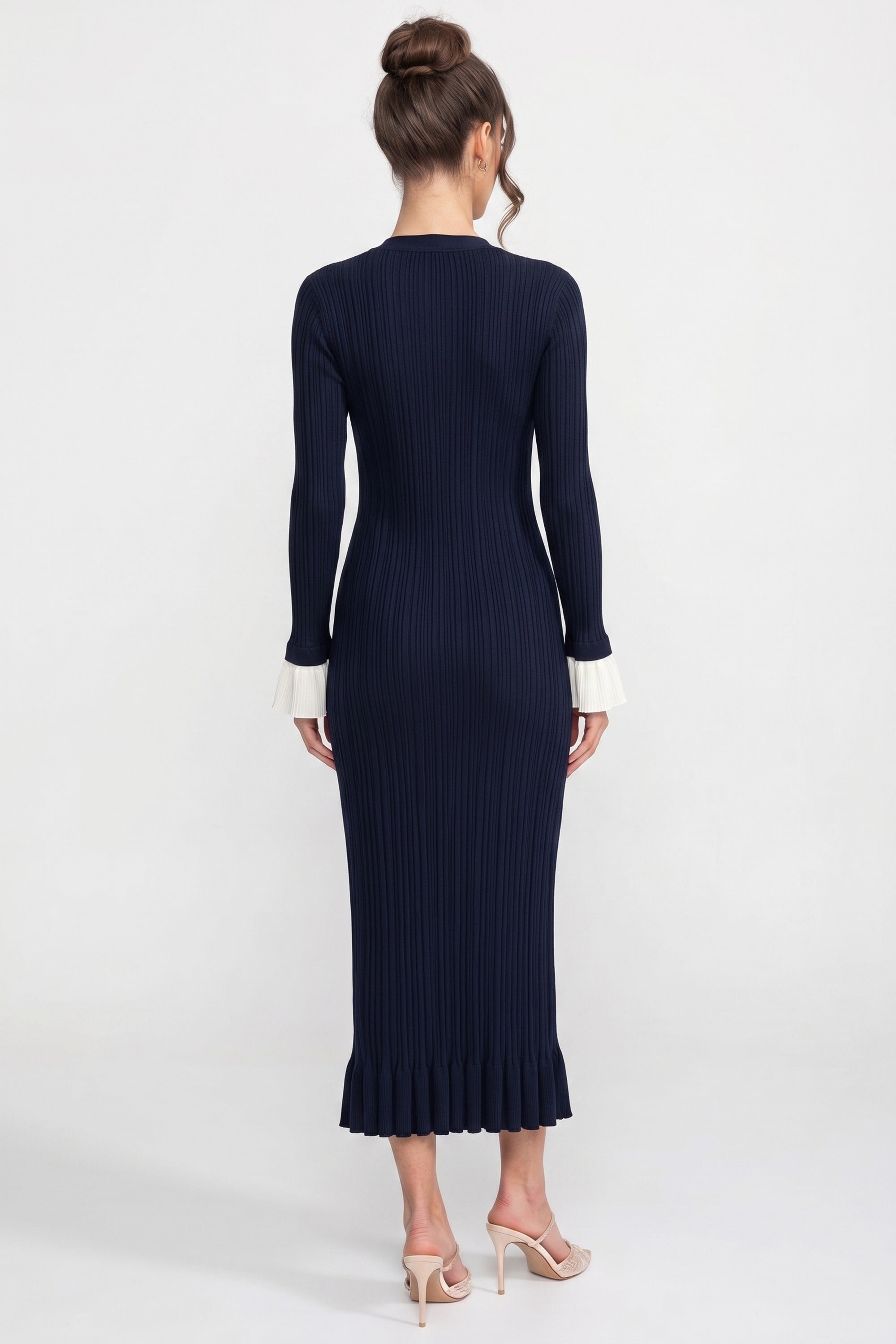 Long-Sleeve Button-Front Pleated Knit Maxi Dress With Contrast Cuffs - Navy