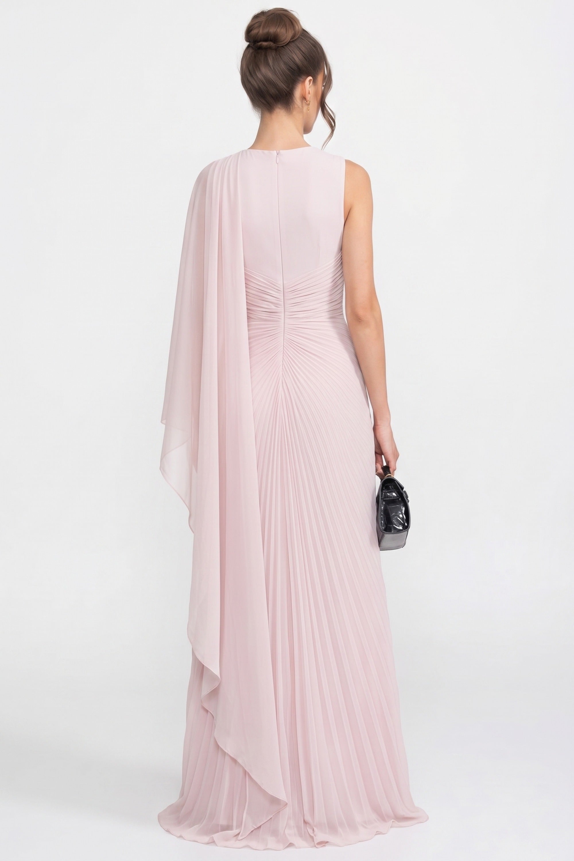 Abito Maxi Drappeggiato Monospalla con Dettaglio Sciarpa Trasparente - Rosa
