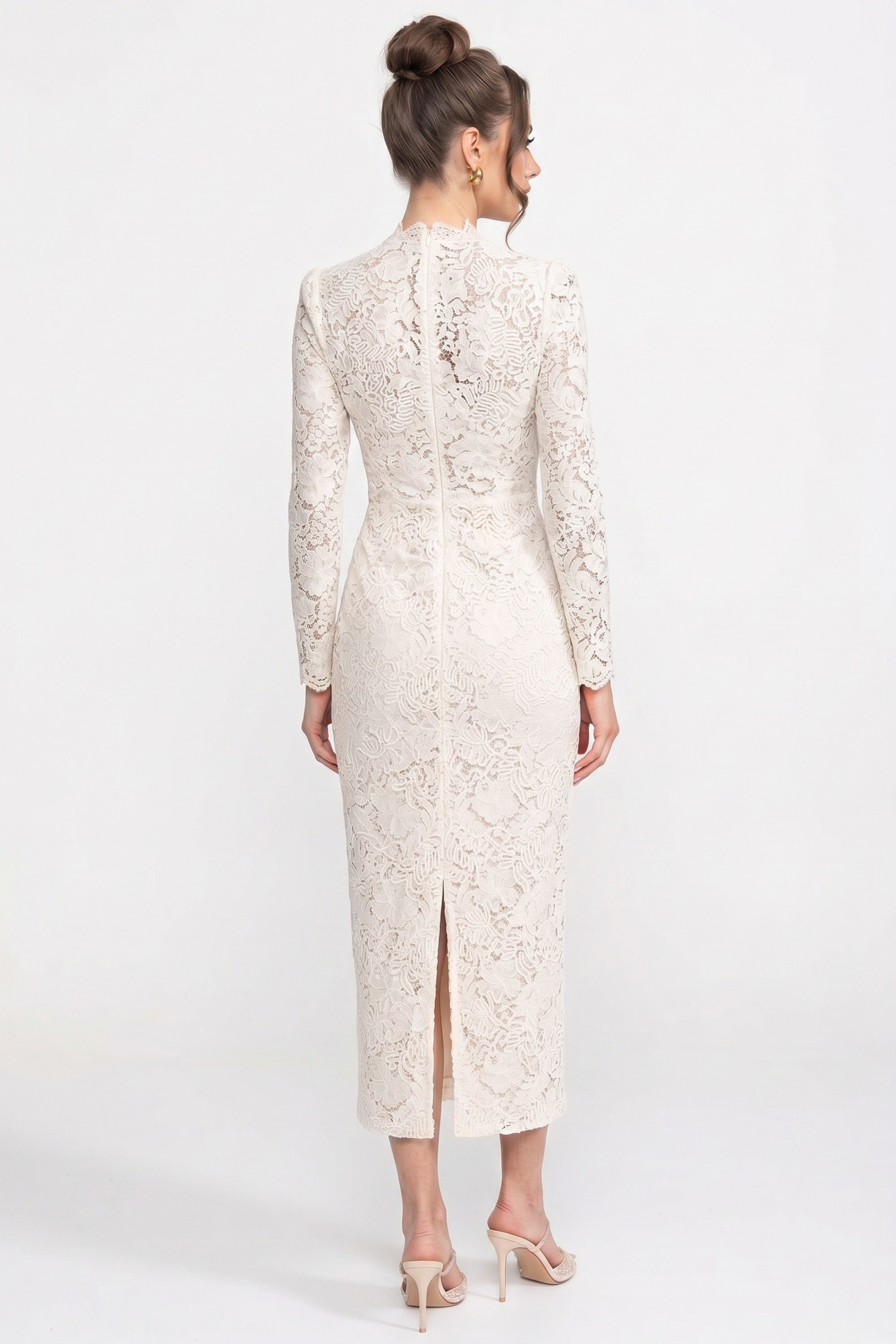 Lace Midi Dress With Crystal V-Neckline And Ruched Front Detail - Ivoire