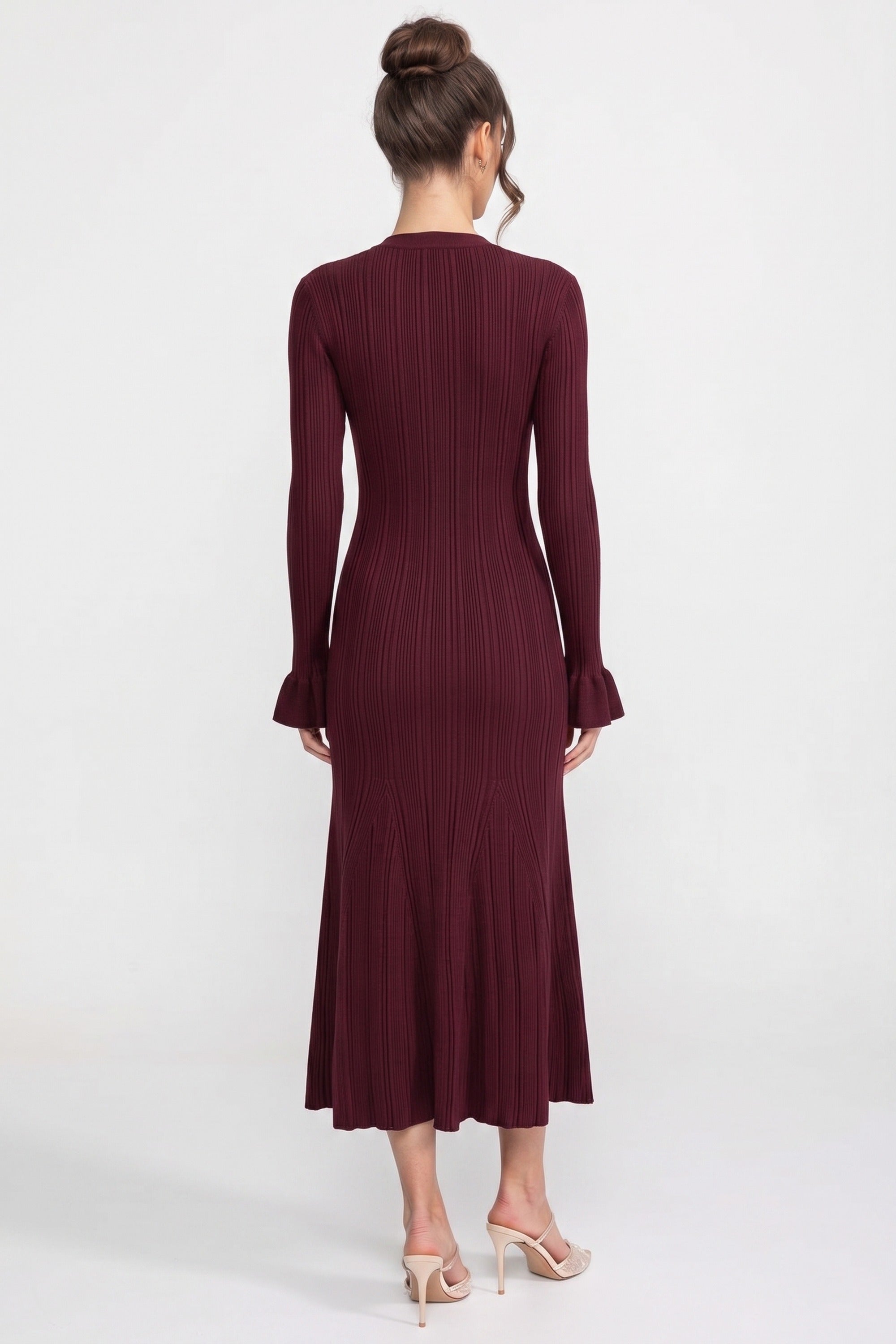 V-Neck Button-Front Ribbed Knit Maxi Dress With Ruffle Cuffs - Burgundy