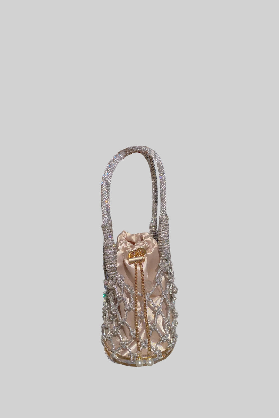 Borsa a mano rotonda a rete con sacchetto in raso beige con coulisse - Argento