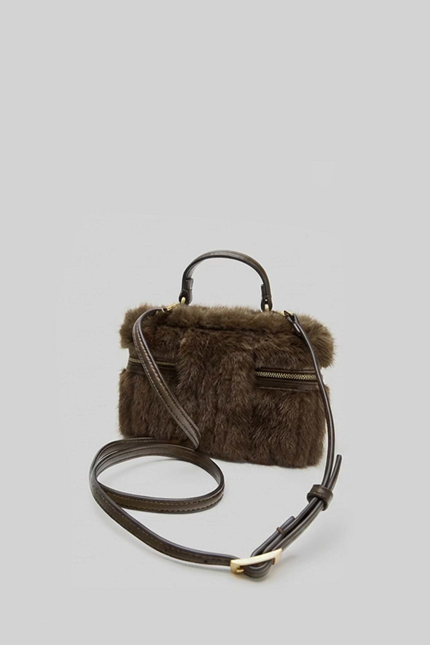 Faux Fur Top-Handle Bag with Decorative Chain – Brown