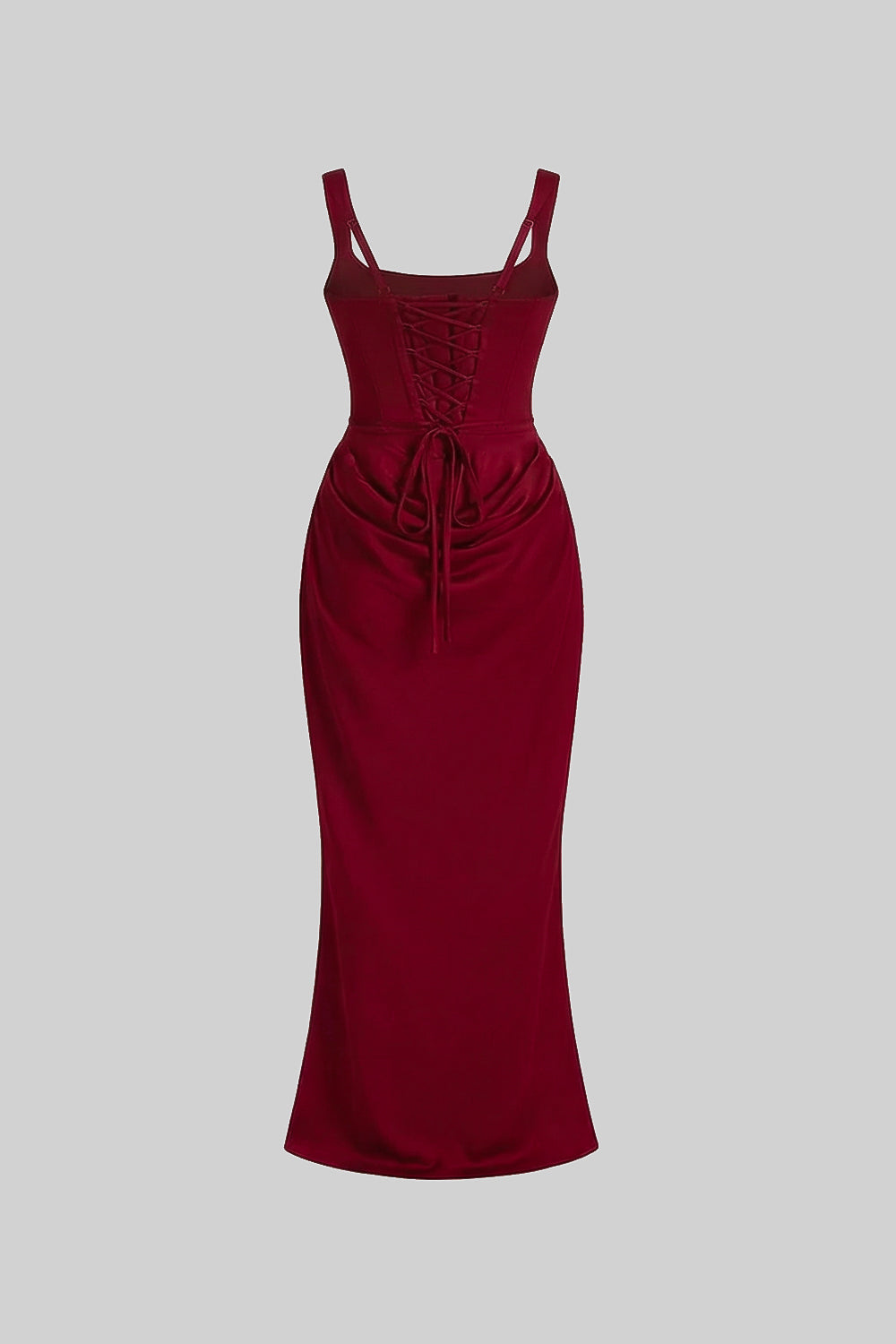 Corset Maxi Dress with Draped Hip Detail – Burgundy