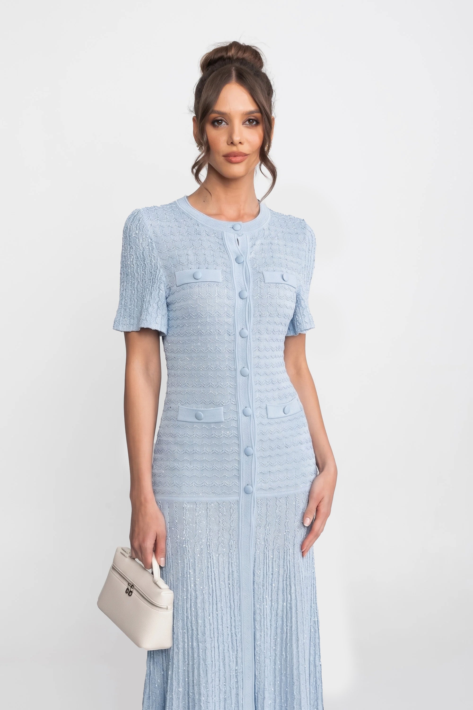 Abito Midi a Maniche Corte con Texture in Maglia Lucida - Light Blue