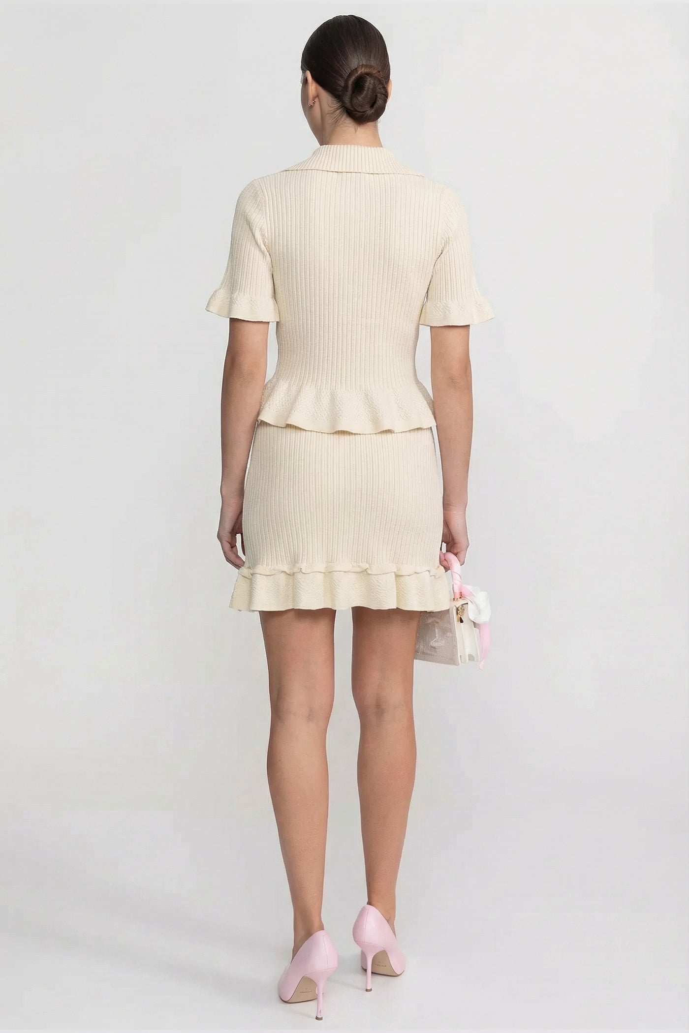 Ribbed Knit Polo Co-ord Set With Ruffled Hem - Beige