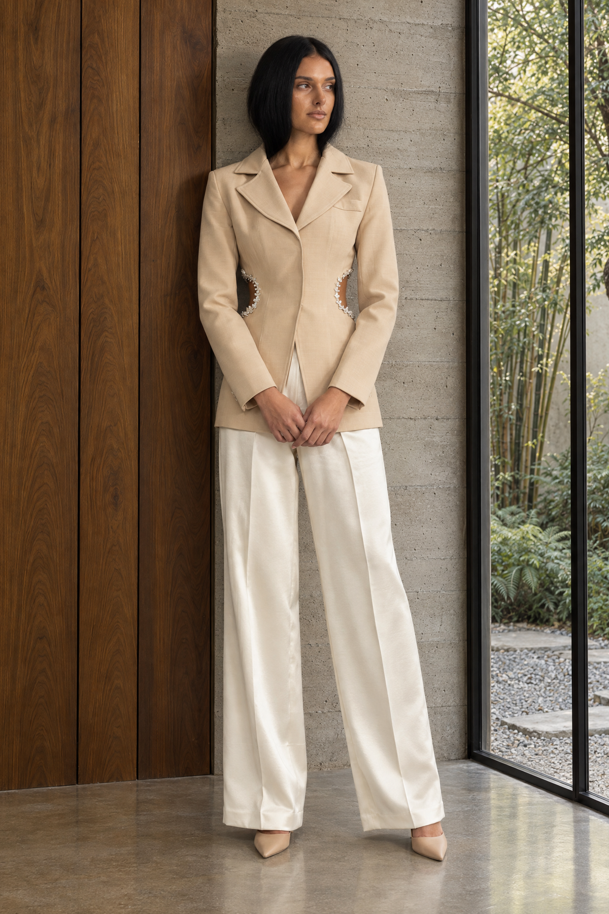 Crystal Trim Cutout Waist Tailored Blazer - Beige