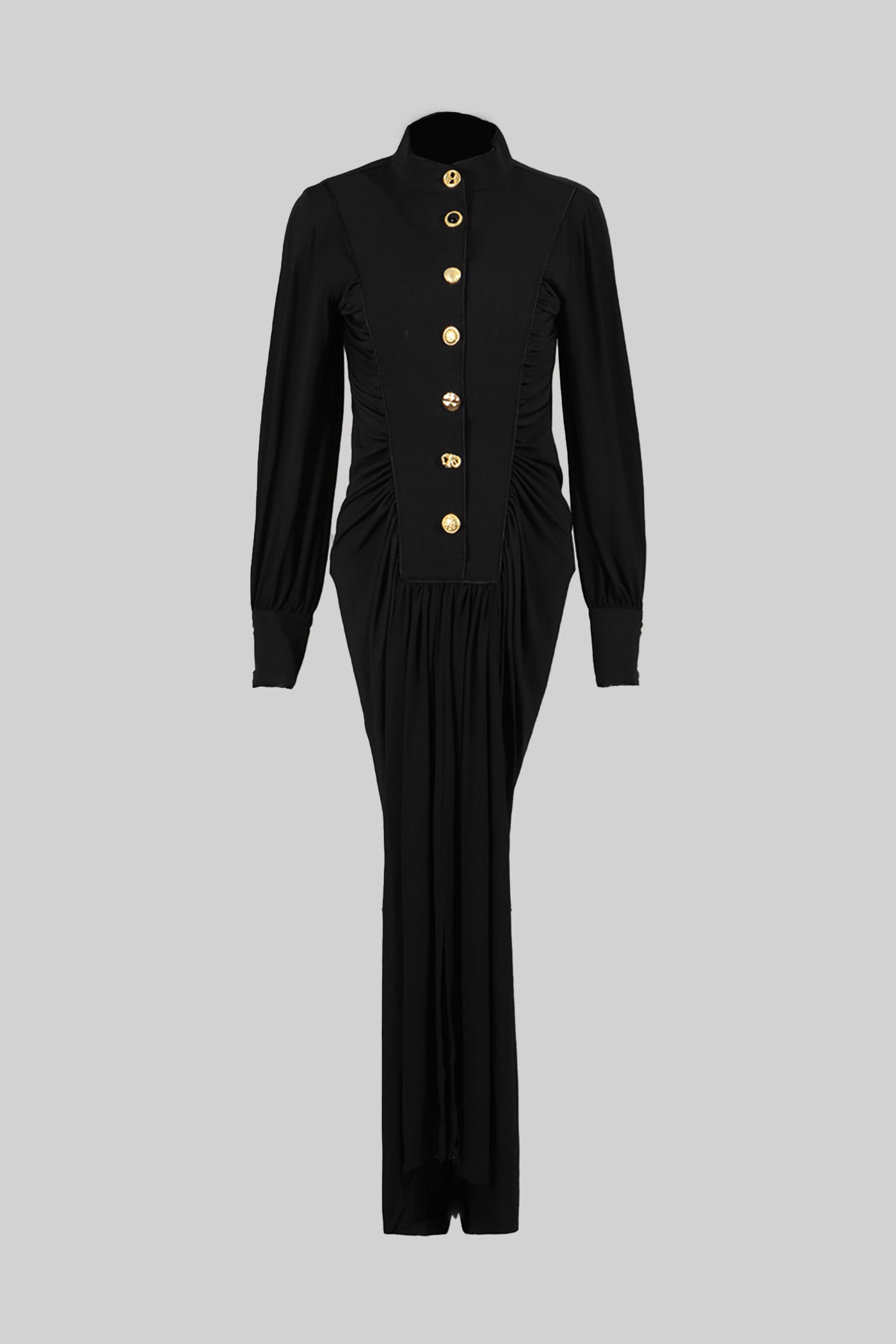 Draped Maxi Dress with Gold Statement Buttons - Black