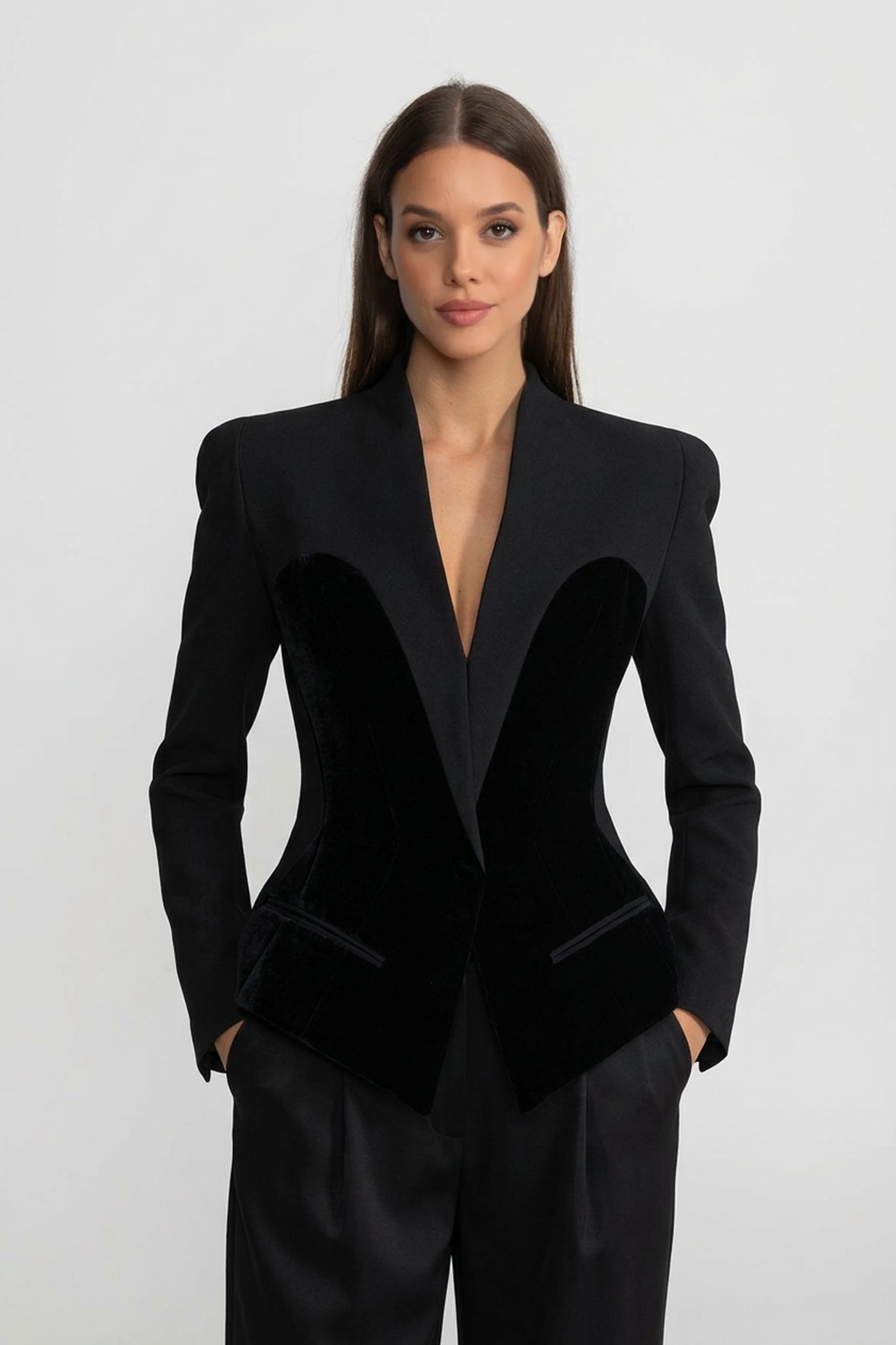 Blazer Sartoriale a Manica Lunga con Pannelli in Velluto Stile Corsetto - Nero