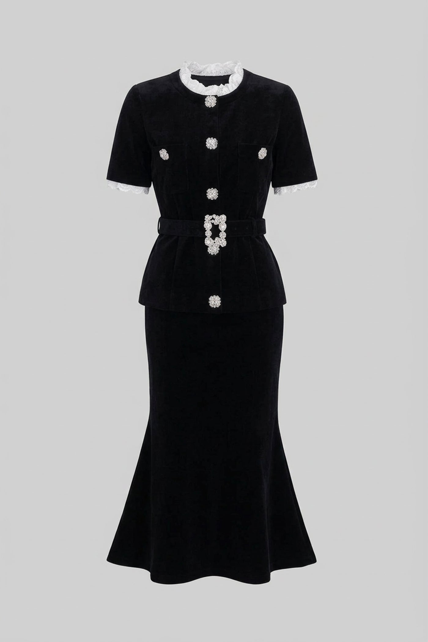 Coordinato a maniche corte con vita a peplo e cintura con bottoni di cristallo - Nero