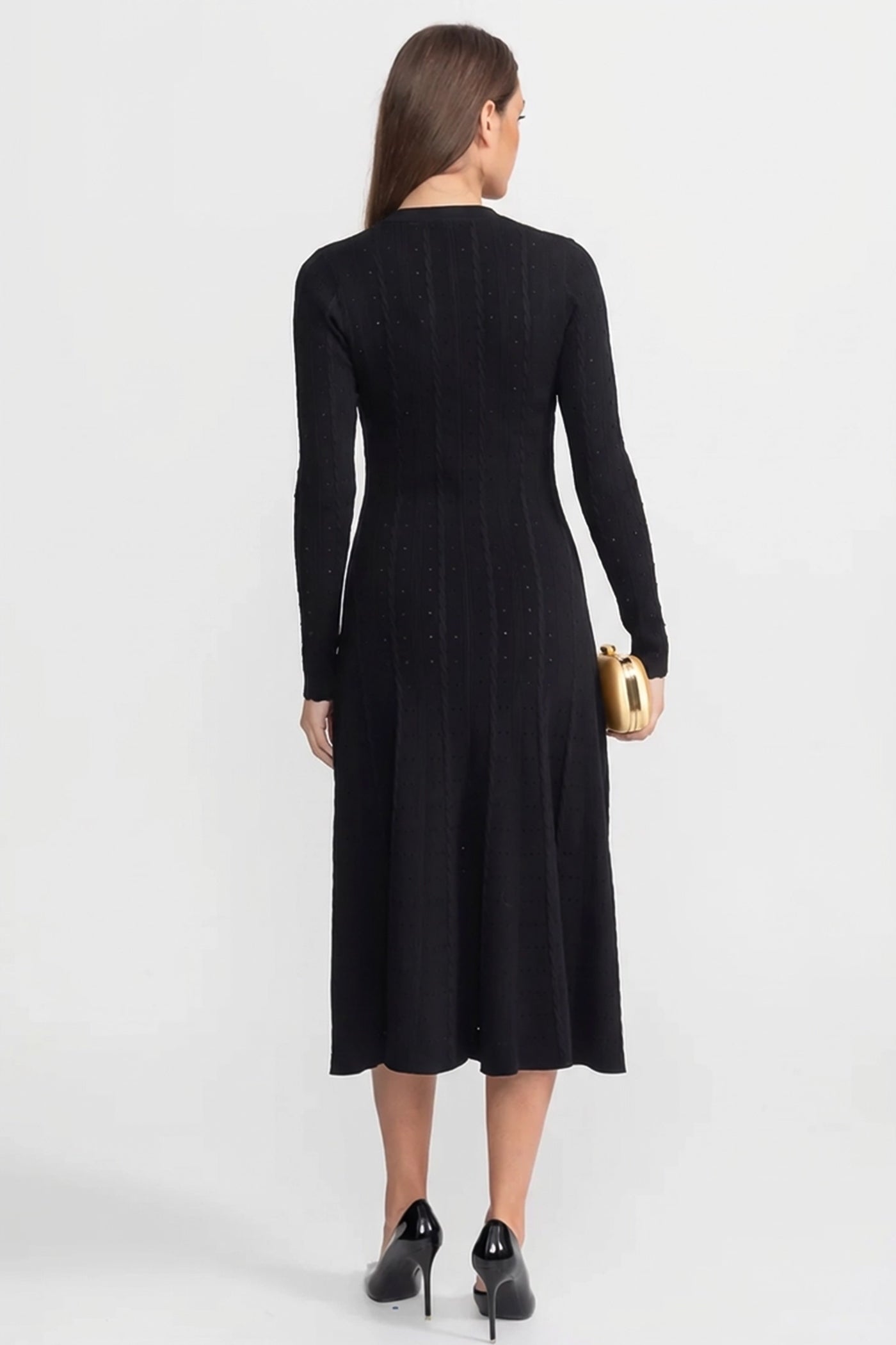 Abito Midi in Maglia con Bottoni sul Davanti e Dettagli Pointelle – Nero