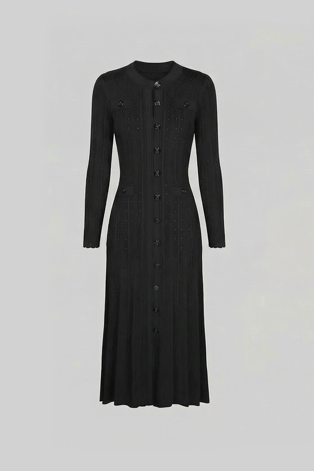 Abito midi in maglia con bottoni frontali e dettagli pointelle – Nero