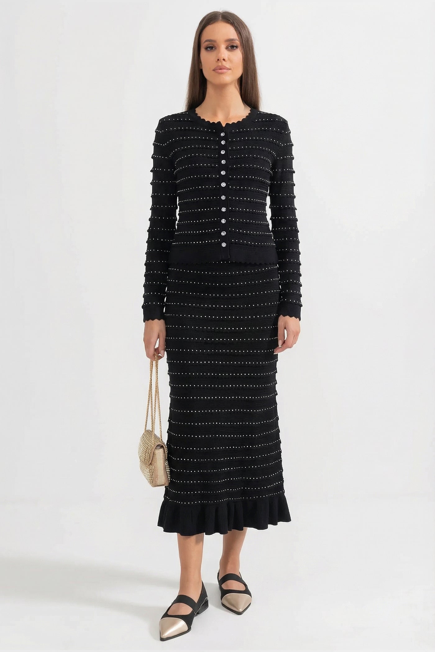 Completo Coordinato in Maglia con Texture a Righe Pointelle e Decorazioni Scintillanti - Nero