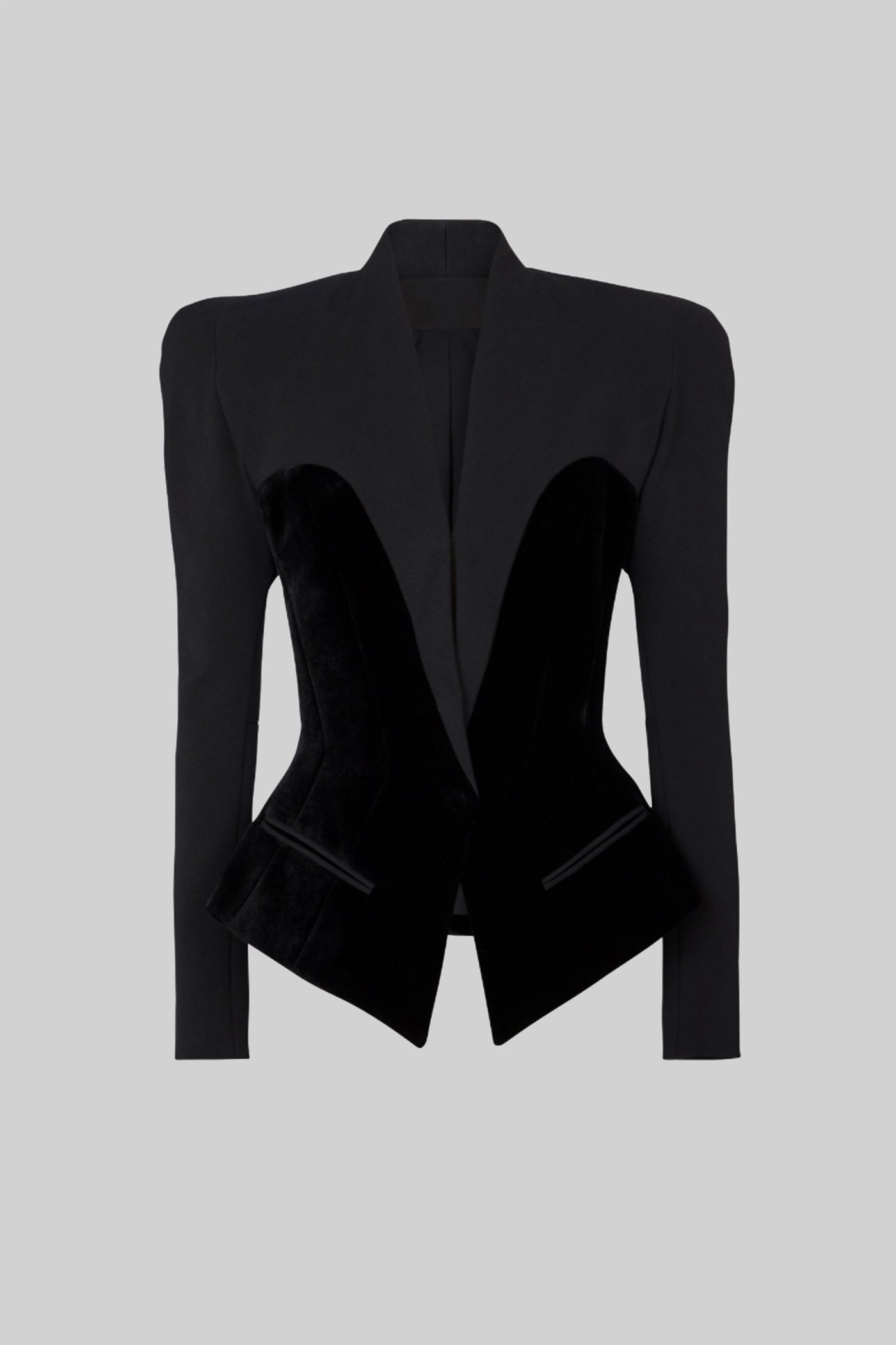 Blazer Sartoriale a Manica Lunga con Pannelli in Velluto Stile Corsetto - Nero