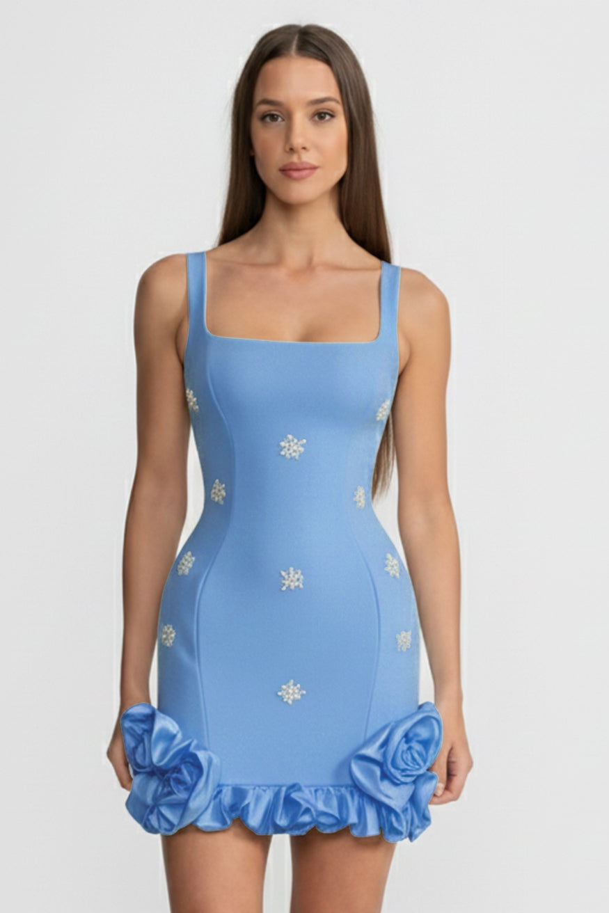 Embellished Bodycon Mini Dress With Crystal Flowers – Baby Blue