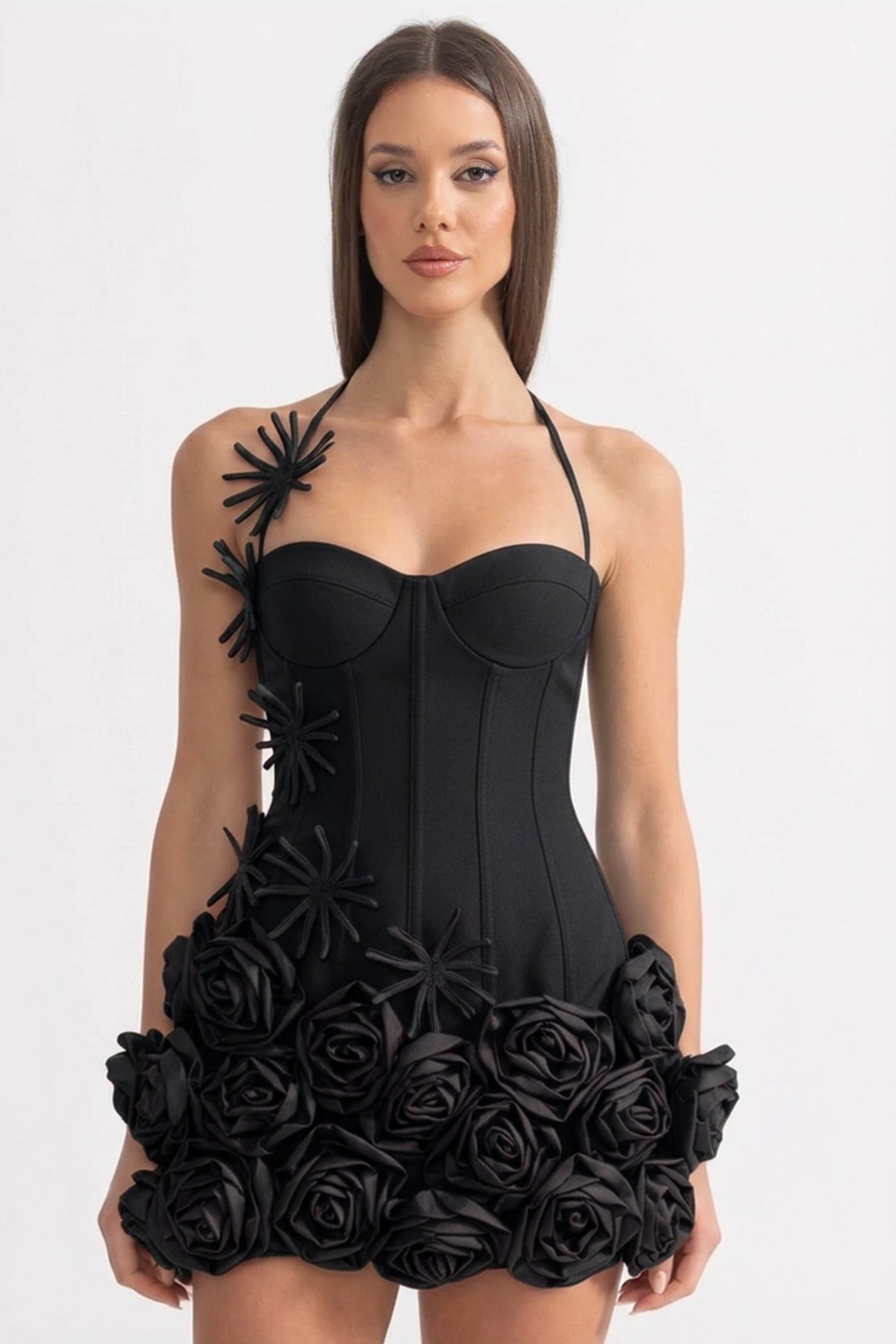 Corset Mini Dress with Sculpted Floral Hem – Black