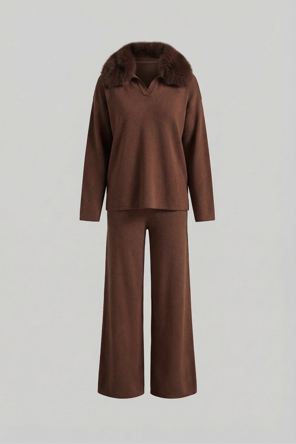 Set coordinato Knit Lounge con colletto in pelliccia di volpe – Marrone