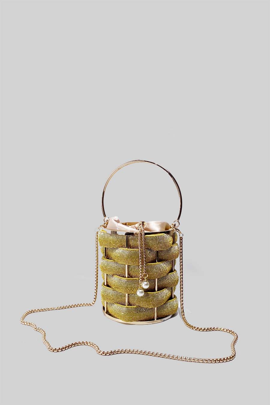 Elegante Borsa a Secchiello con Chiusura Interna in Raso - Oro