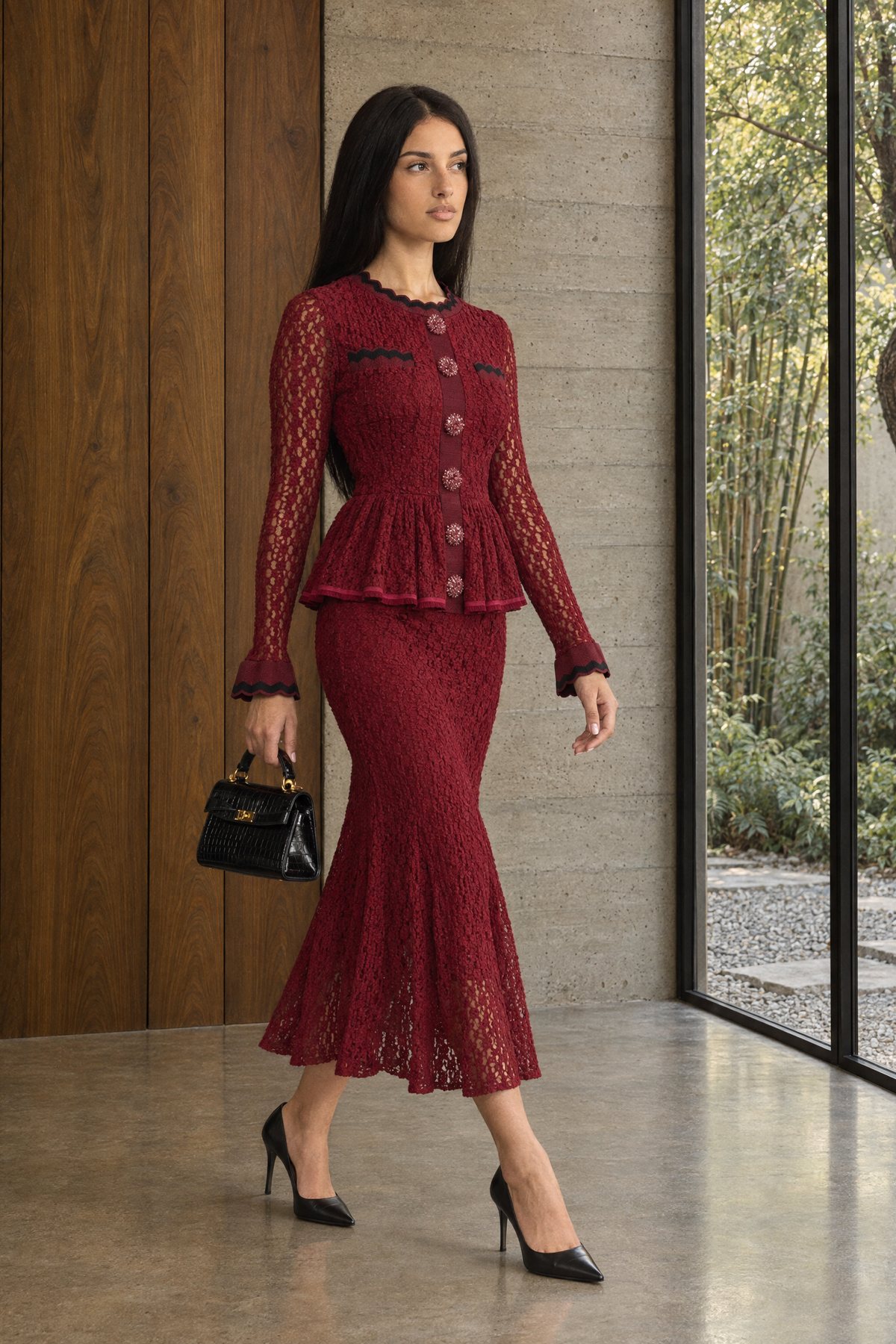 Abito midi in maglia crochet con peplo e finiture ric-rac - Wine