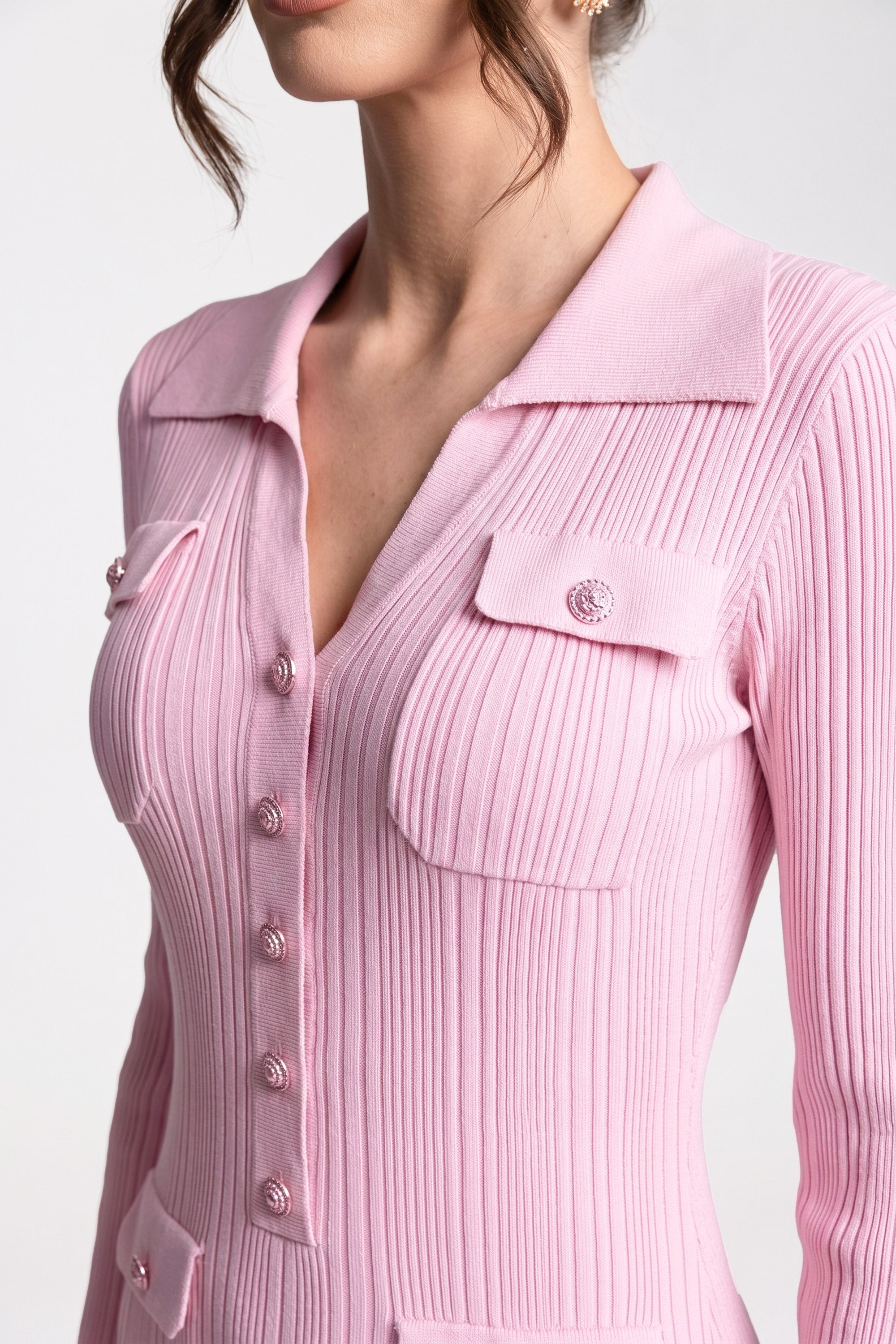Long-Sleeve Button-Front Knit Maxi Dress With Patch Pockets - Pink