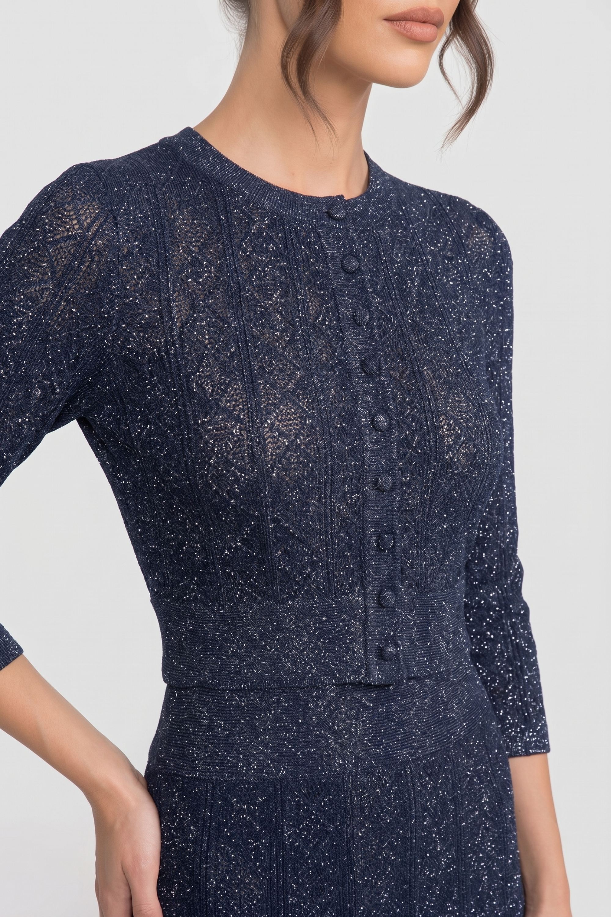 Coordinato in pizzo con motivo a ромbi, maniche lunghe e gonna maxi - Navy