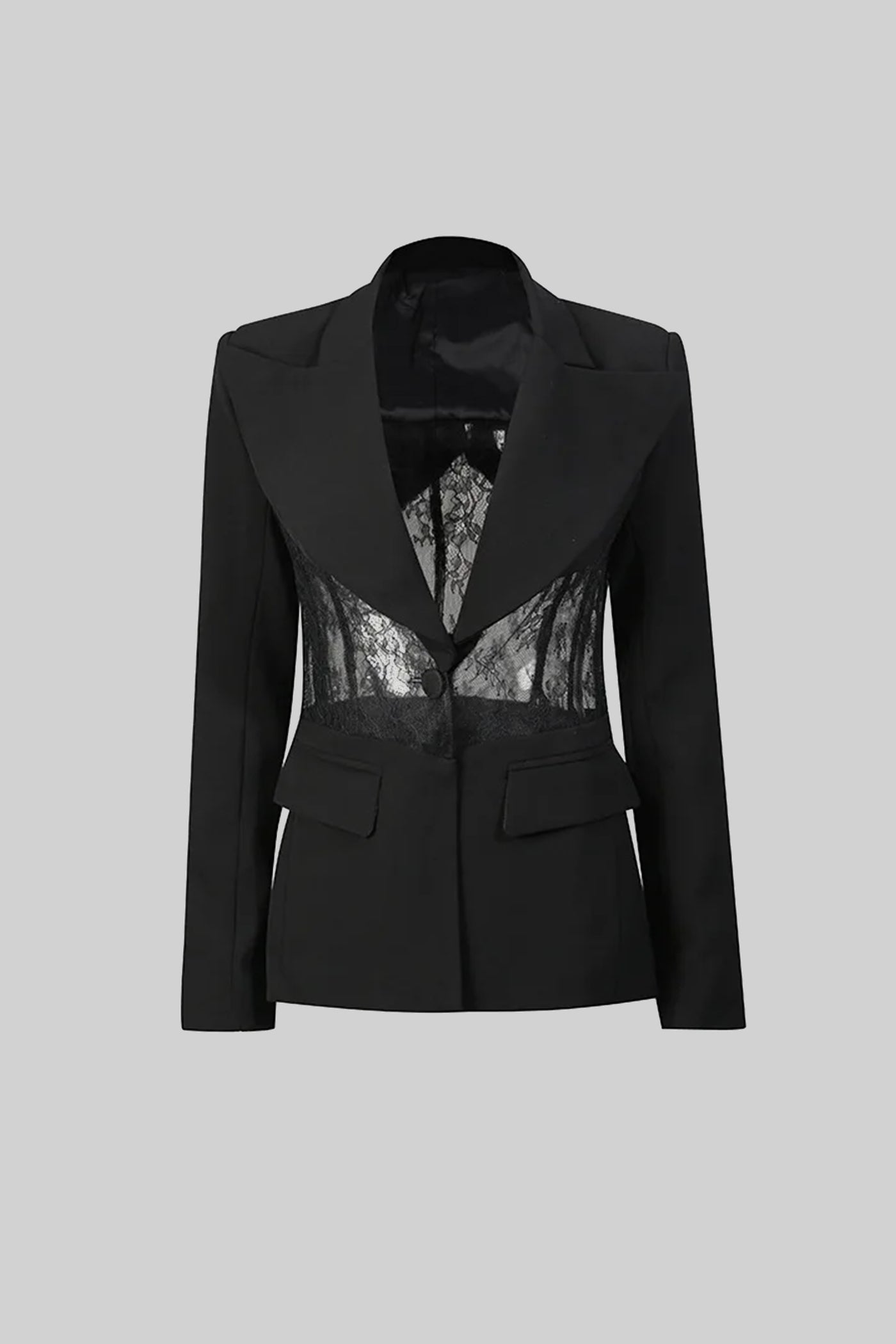 Blazer su misura a manica lunga con pannelli in pizzo trasparente in vita - Nero