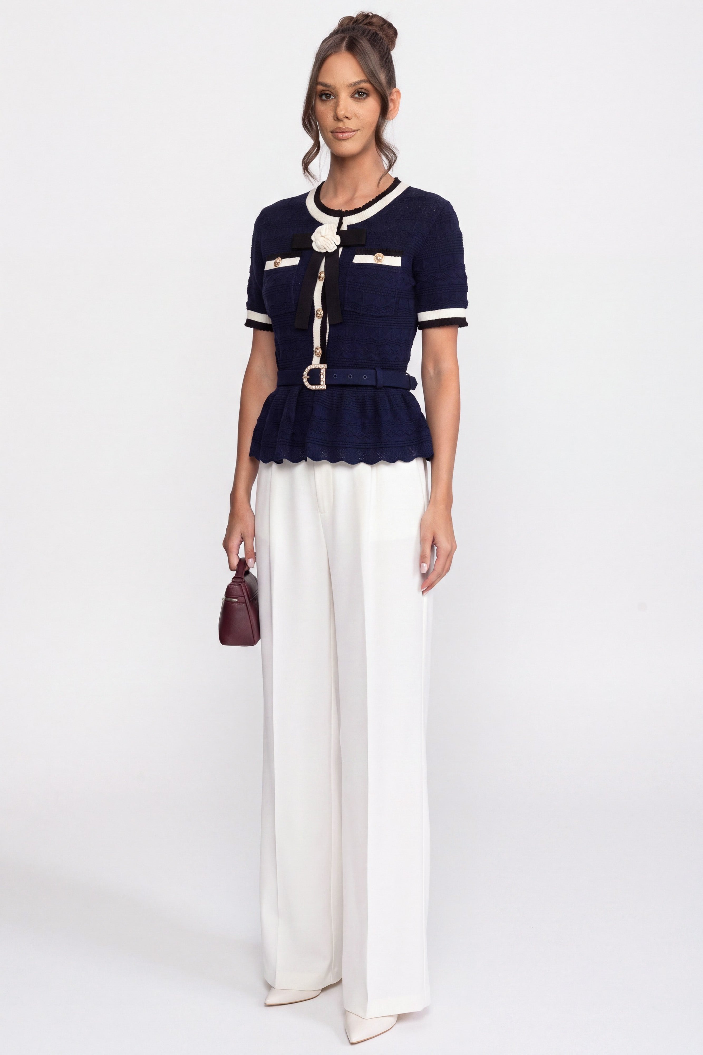 Top in maglia peplum con colletto sailor a contrasto e bottoni perlati - Navy