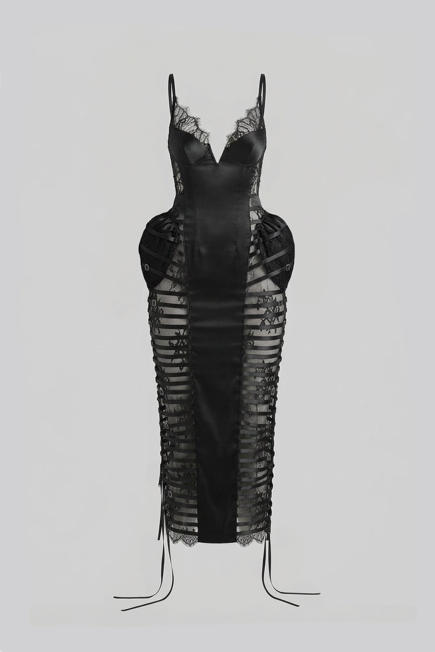 Abito midi con rifiniture in pizzo e pannelli laterali in tulle con paillettes - Nero