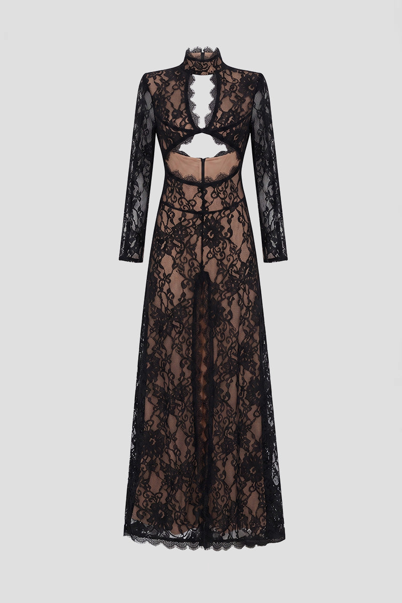 Elegante abito in pizzo con collo alto, cut-out frontale e spacco - Nero