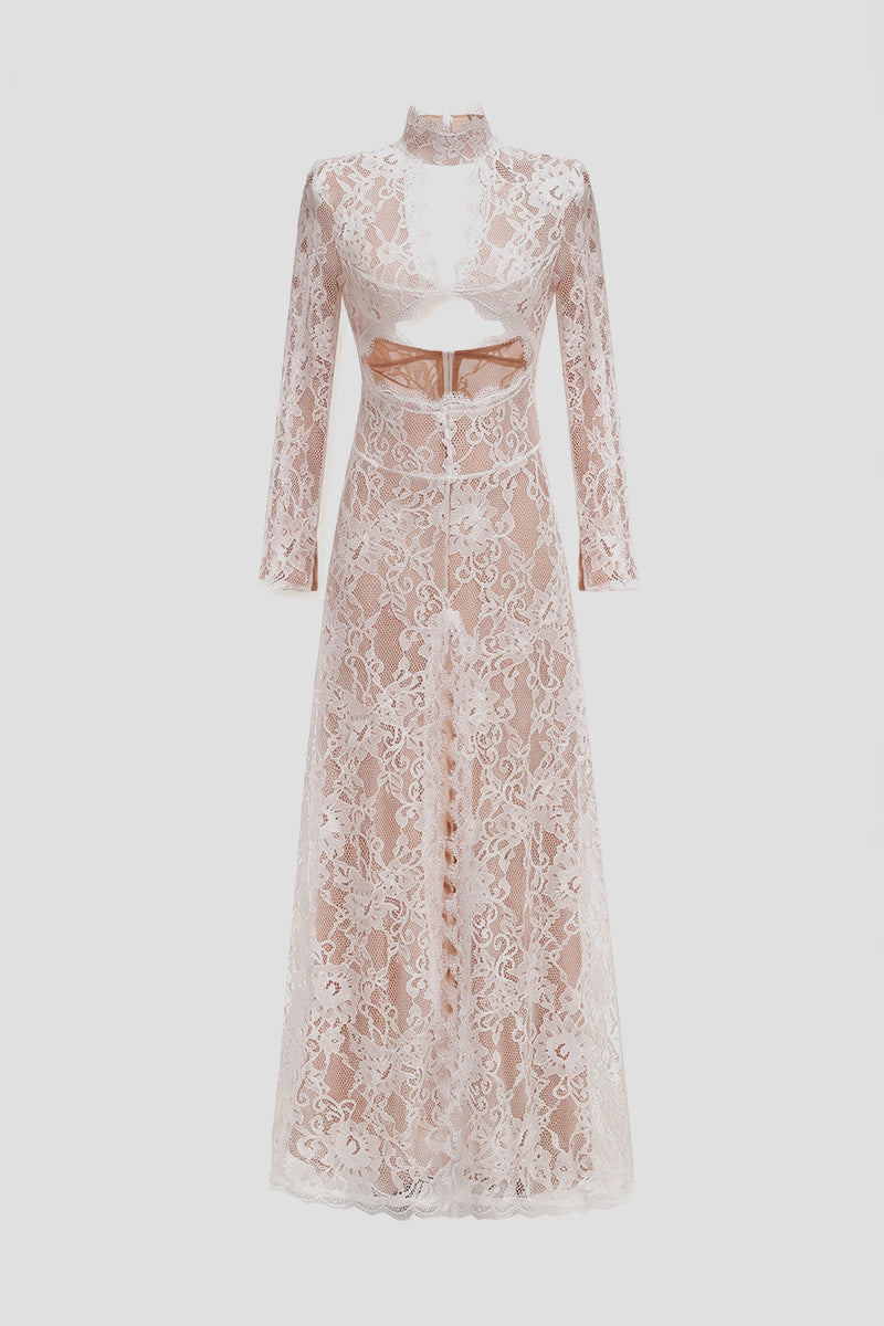 Elegante abito in pizzo con collo alto, cut-out frontale e spacco - bianco