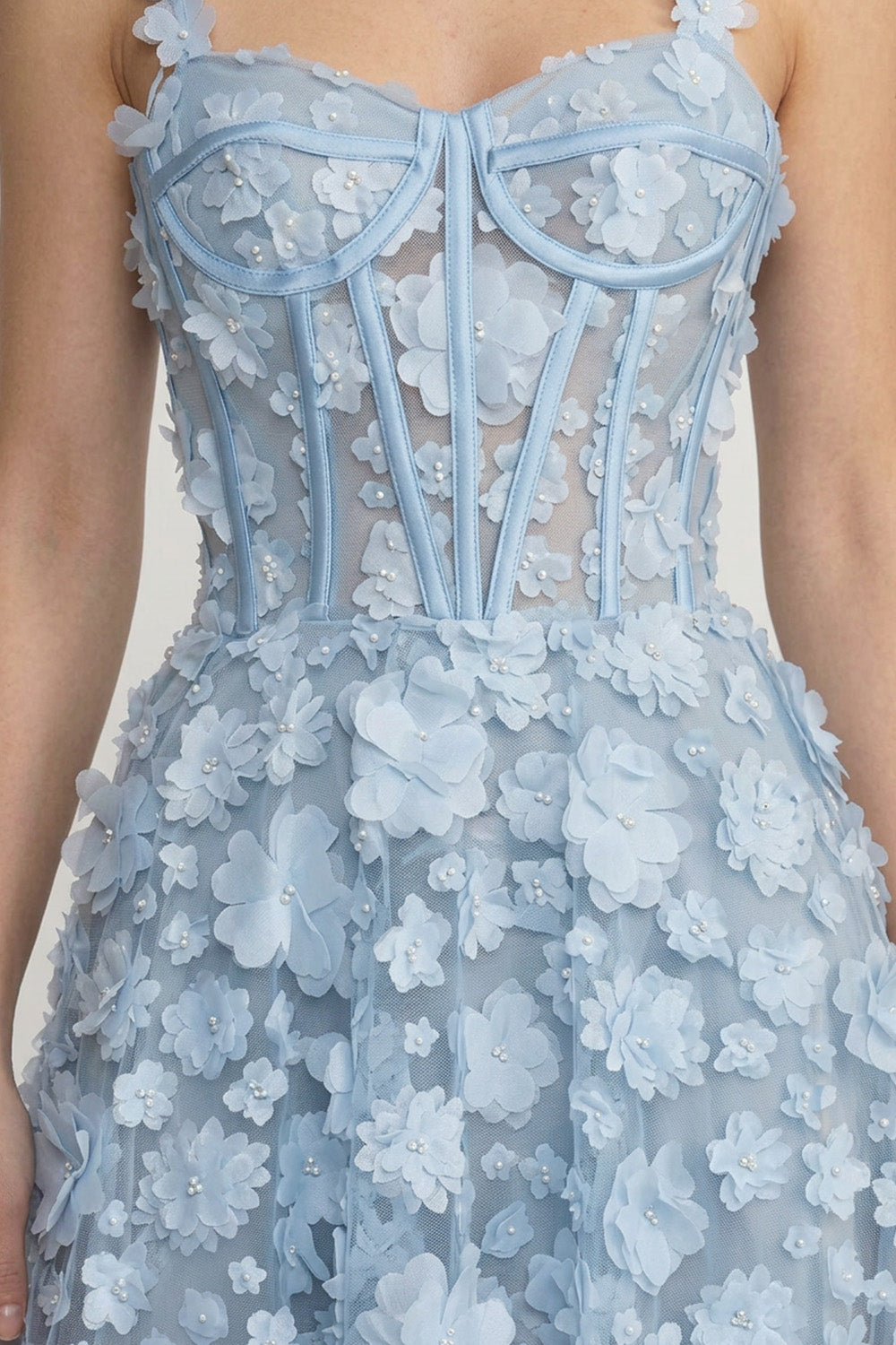 Abito Maxi con Applicazioni Floreali e Corpino con Corsetto - Blu